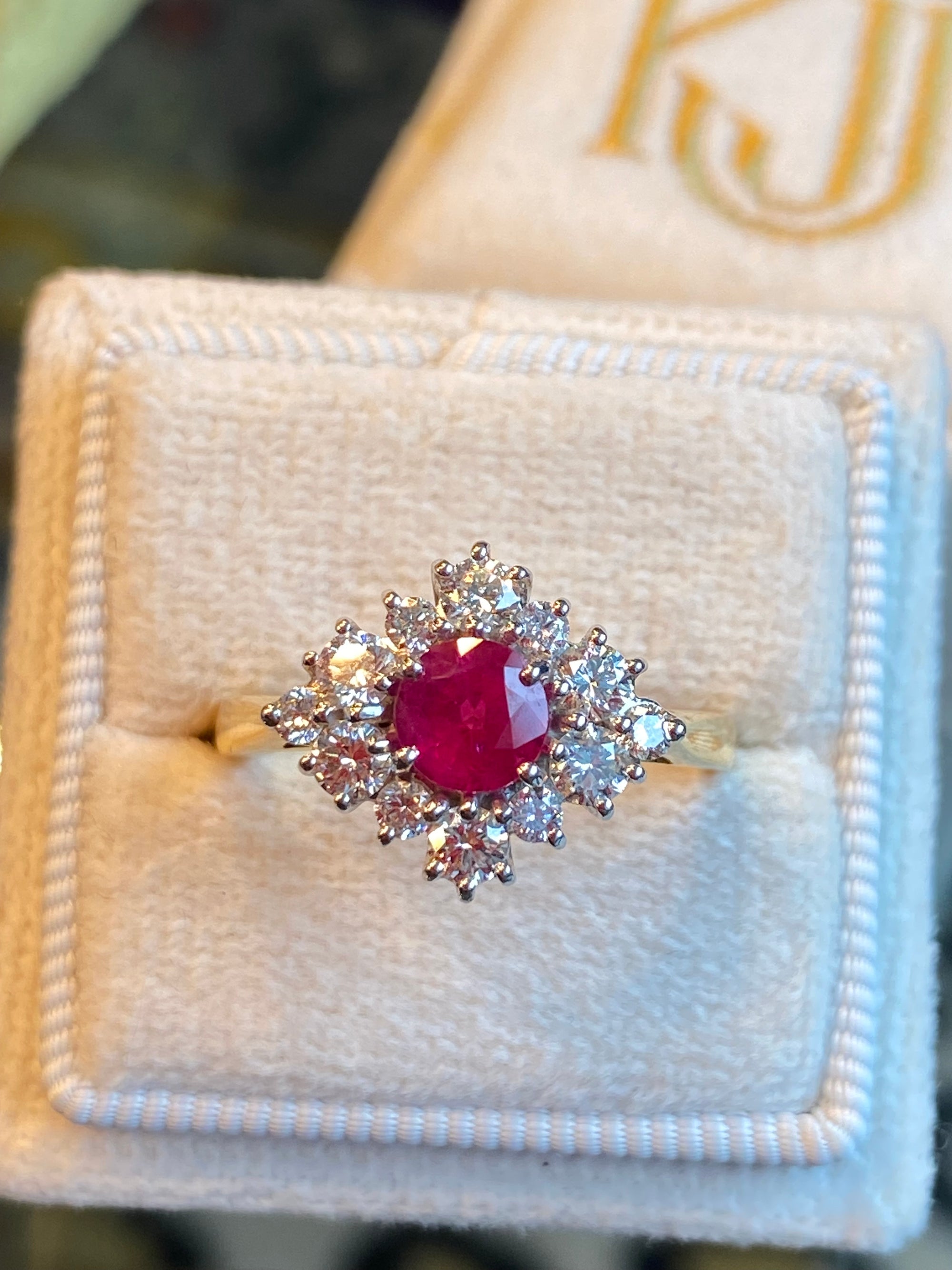 1.31 CTW Round-Cut Ruby and Natural Diamond Halo Ring in 18ct White and Yellow Gold
