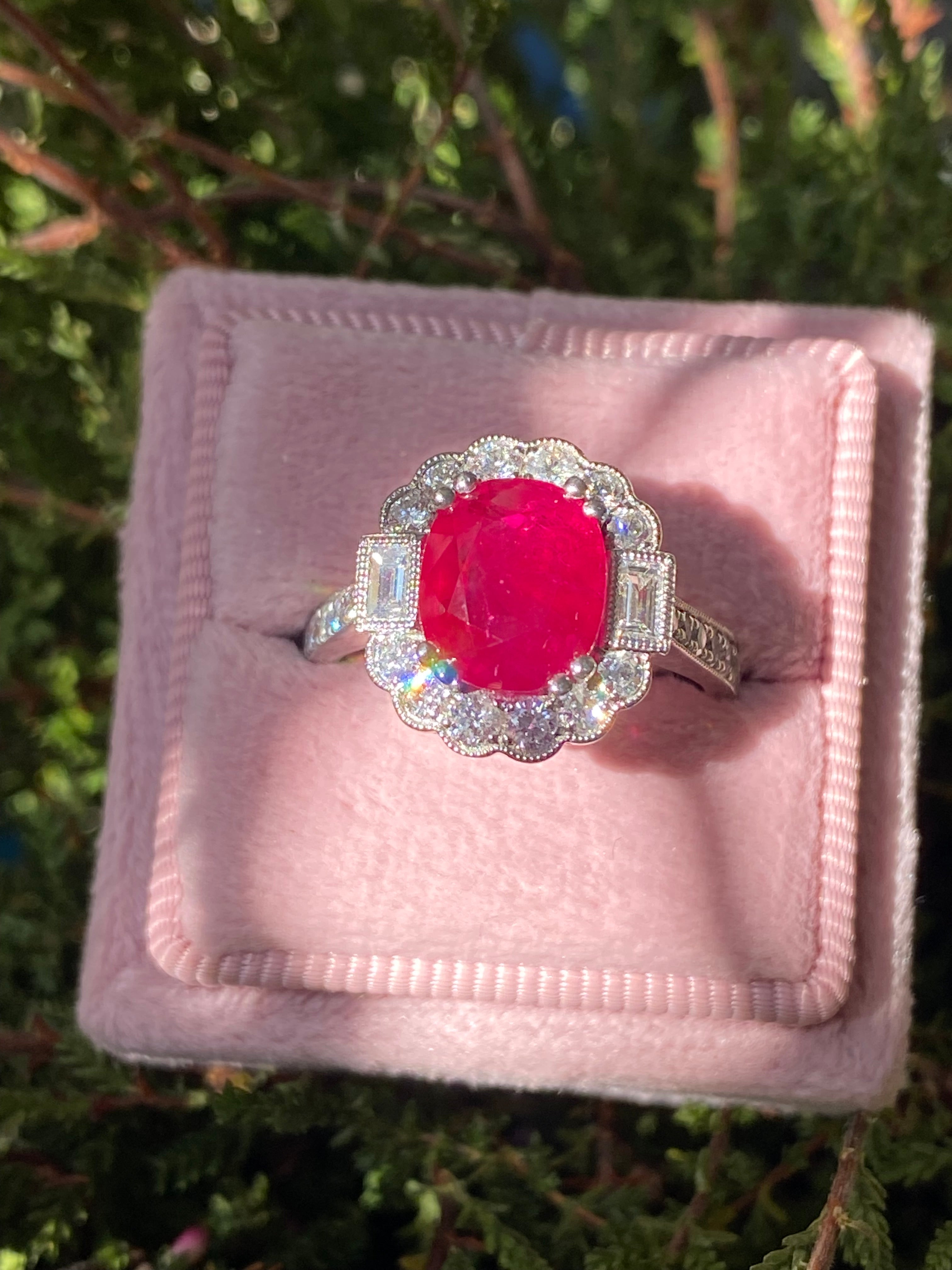 3.54 Carat Oval-Cut Ruby and 0.77 ctw Natural Diamond Halo Ring in Platinum