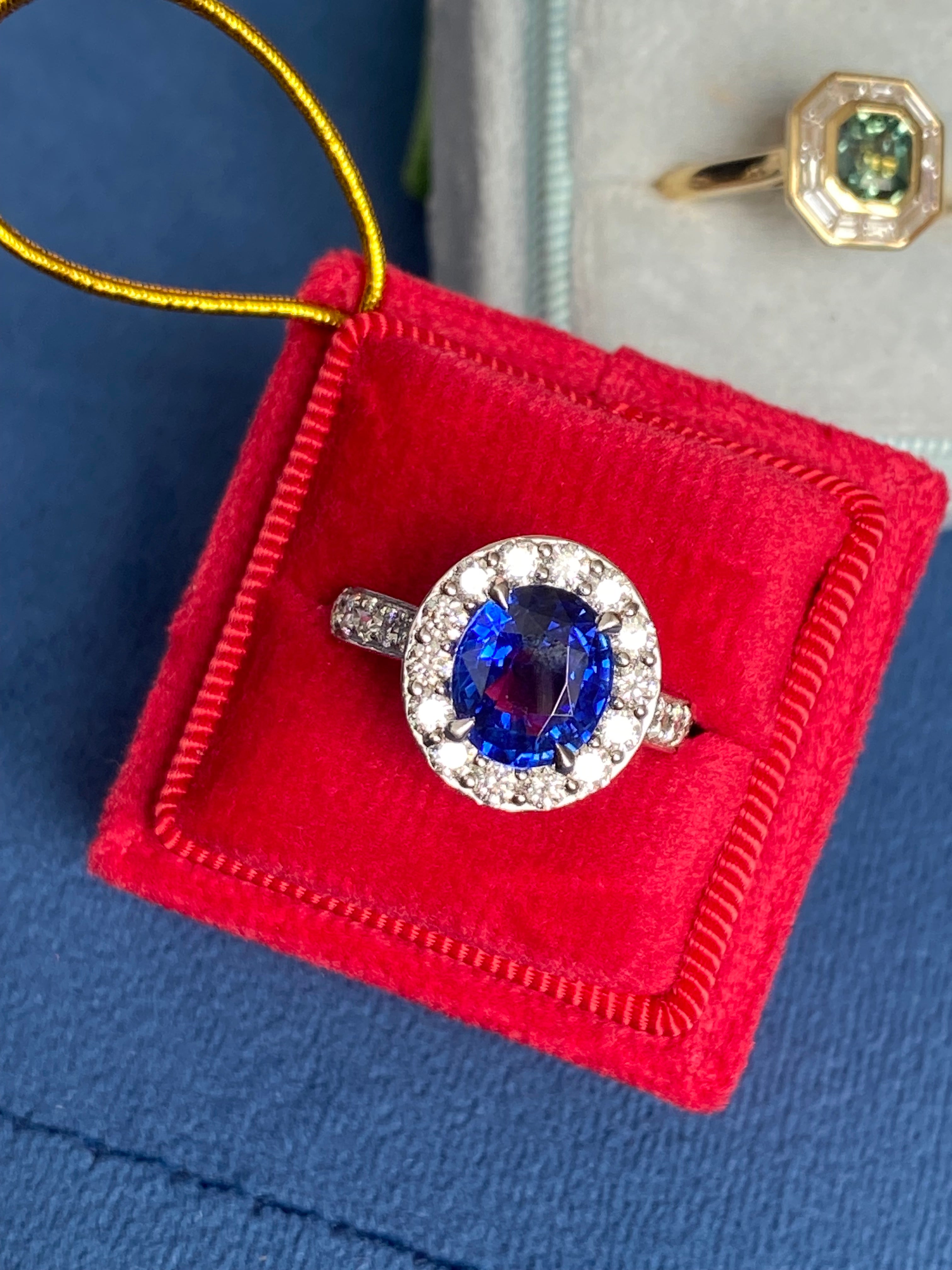 3.01 Carat Blue Ceylon Sapphire and Natural Diamond Halo Ring in Platinum