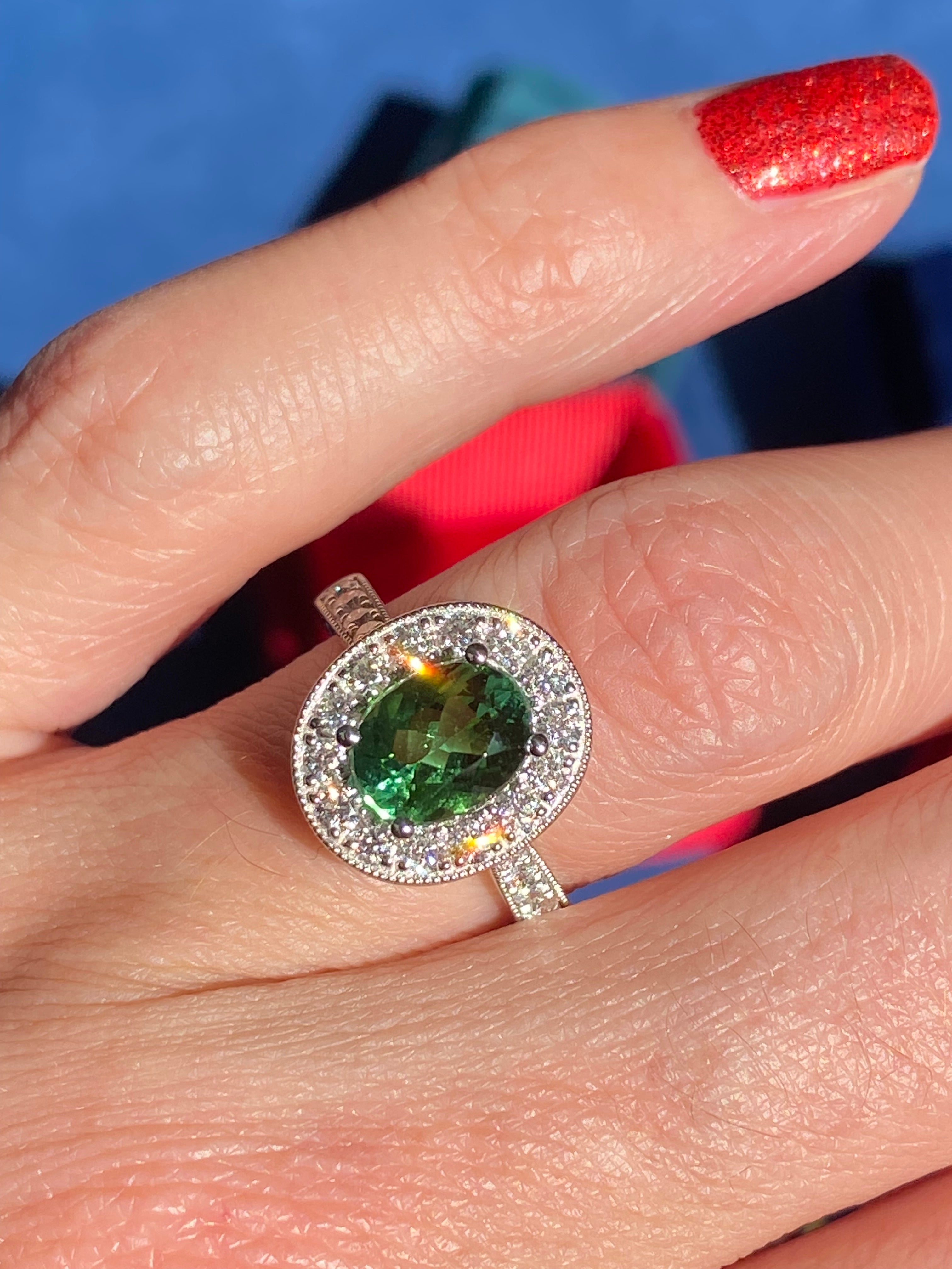 1.66 Carat Oval Cut Mint Tourmaline and 0.66 CTW Natural Diamond Ring in Platinum