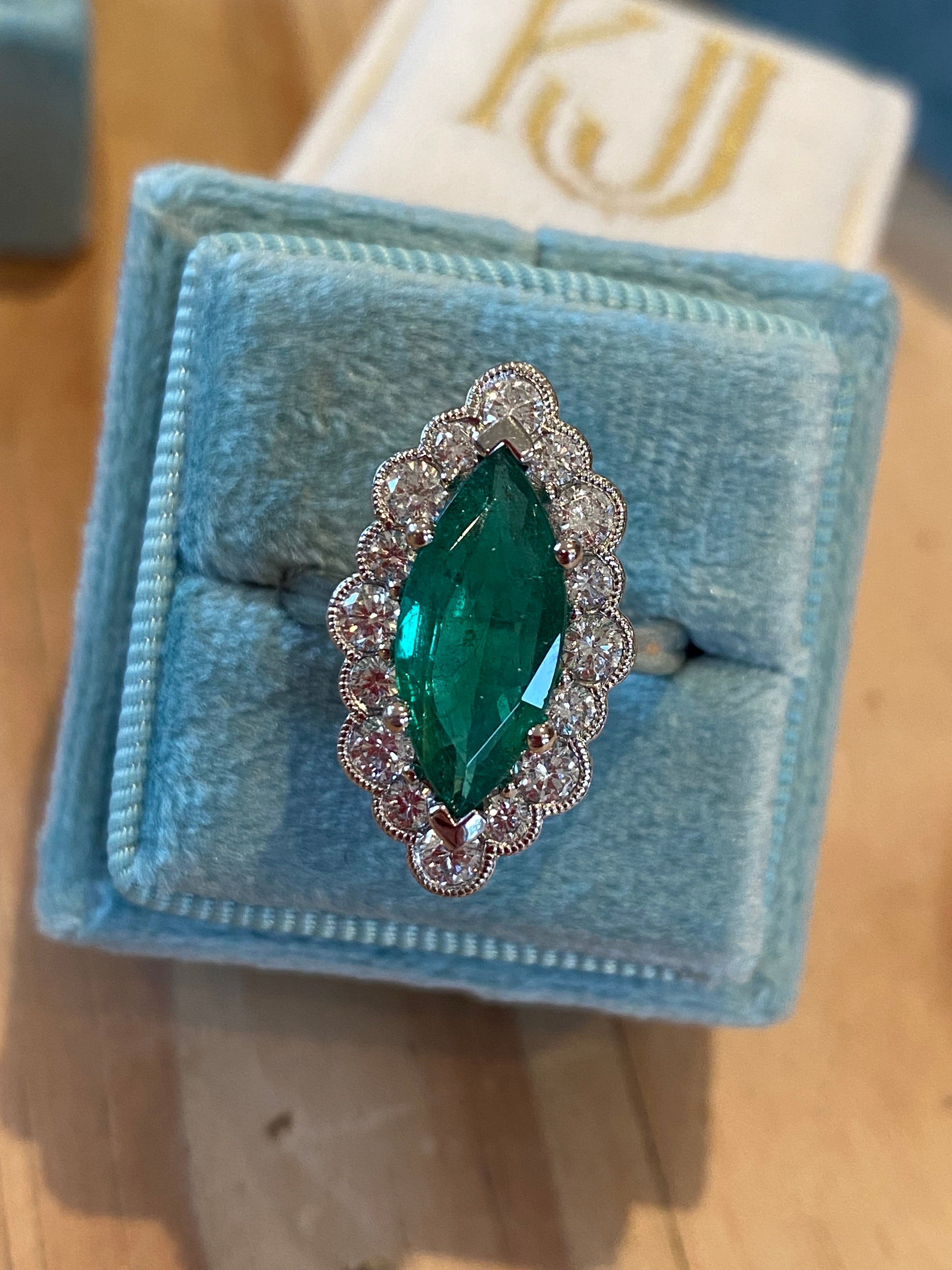 3.47 CTW Marquise Cut Emerald and Natural Diamond Halo Ring in Platinum