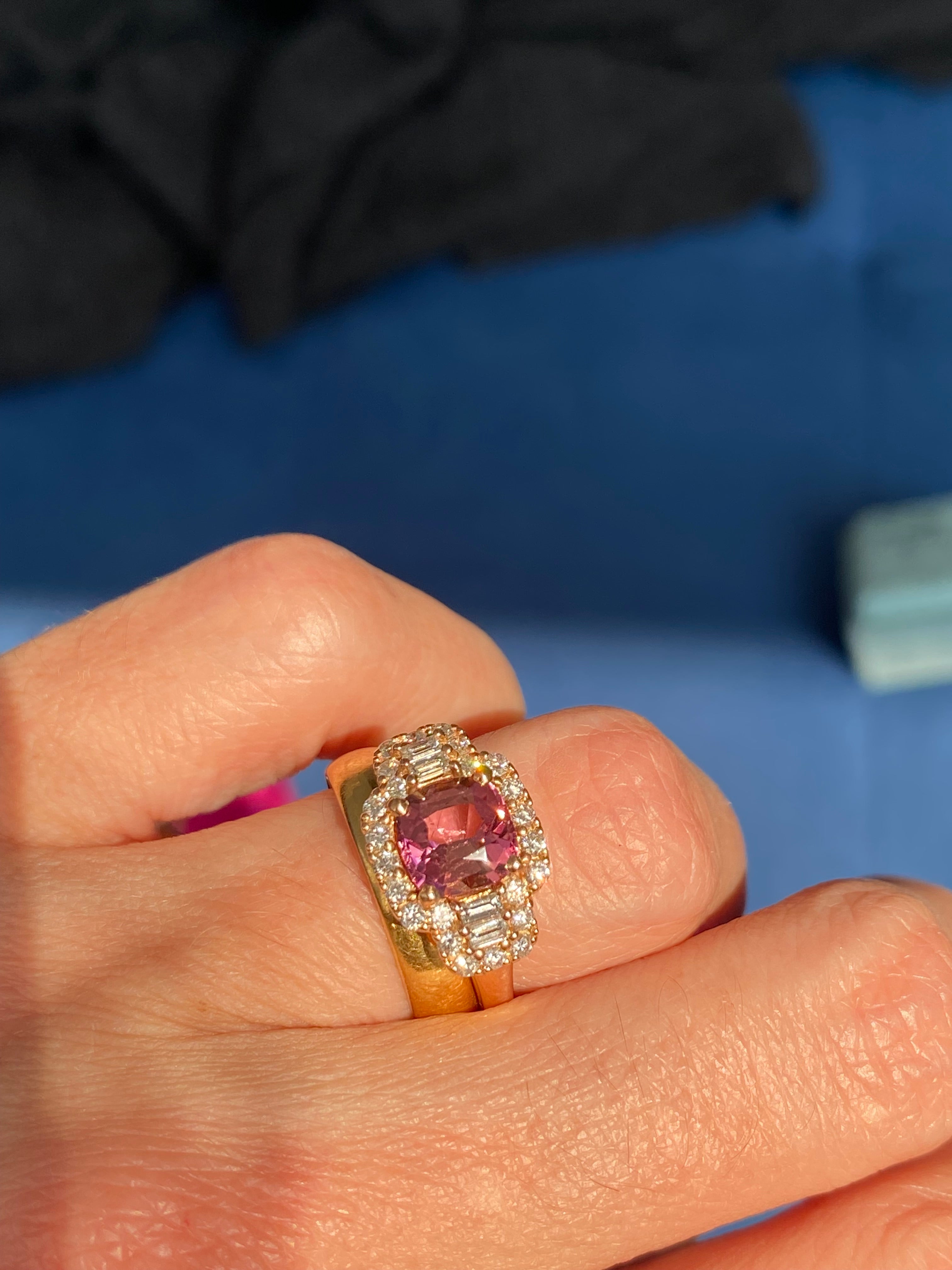 2.02 CTW Pink Tourmaline and Natural Diamond Three Stone Halo Ring in 18ct Rose Gold