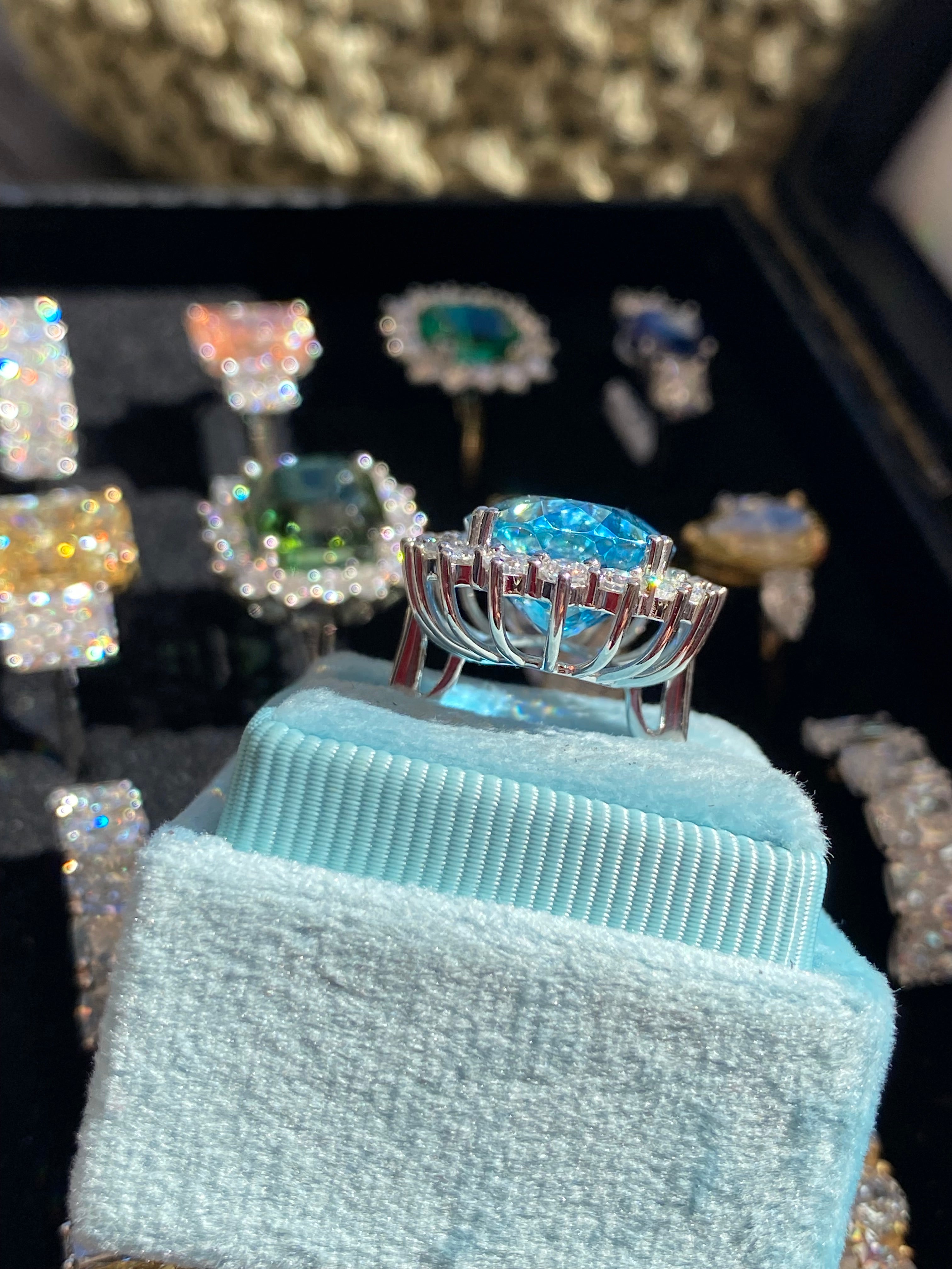 15.48 Carat Certified Santa Maria Aquamarine and 1.87ctw Natural Diamond Halo Ring in Platinum