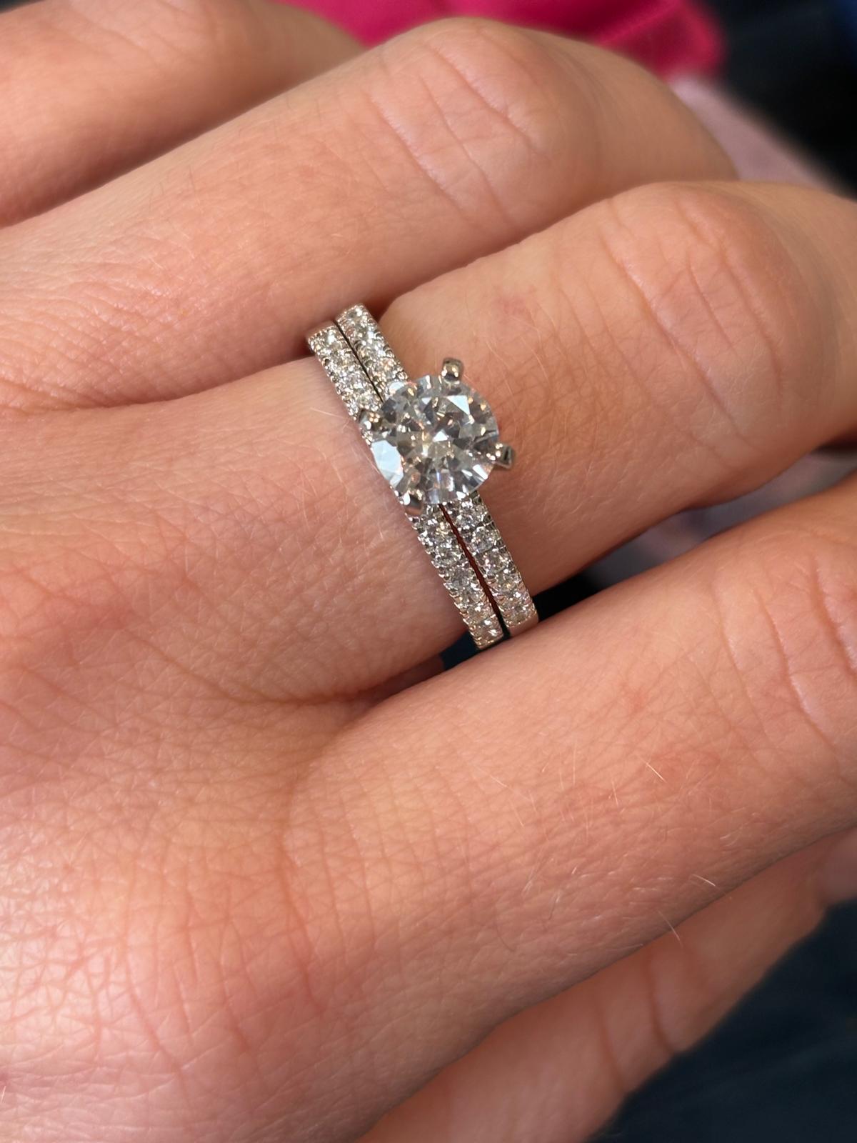 Round Cut Solitaire Moissanite Halo Engagement and Wedding / Eternity Ring Set in Sterling Silver