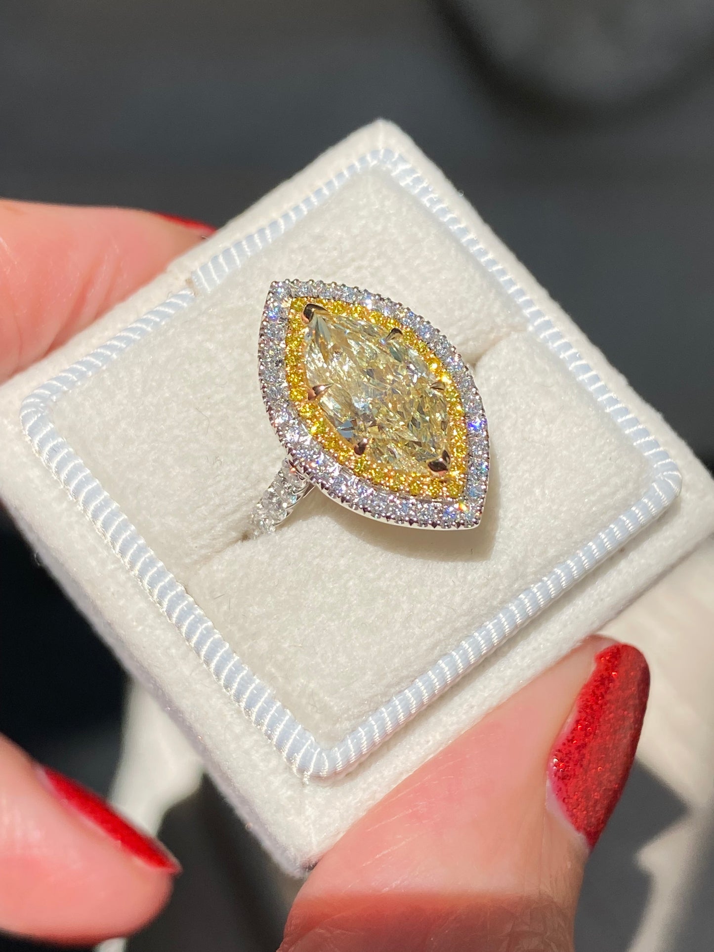 3.21 ctw Marquise Cut Natural Yellow Diamond Engagement Ring in Platinum and 18ct Yellow Gold
