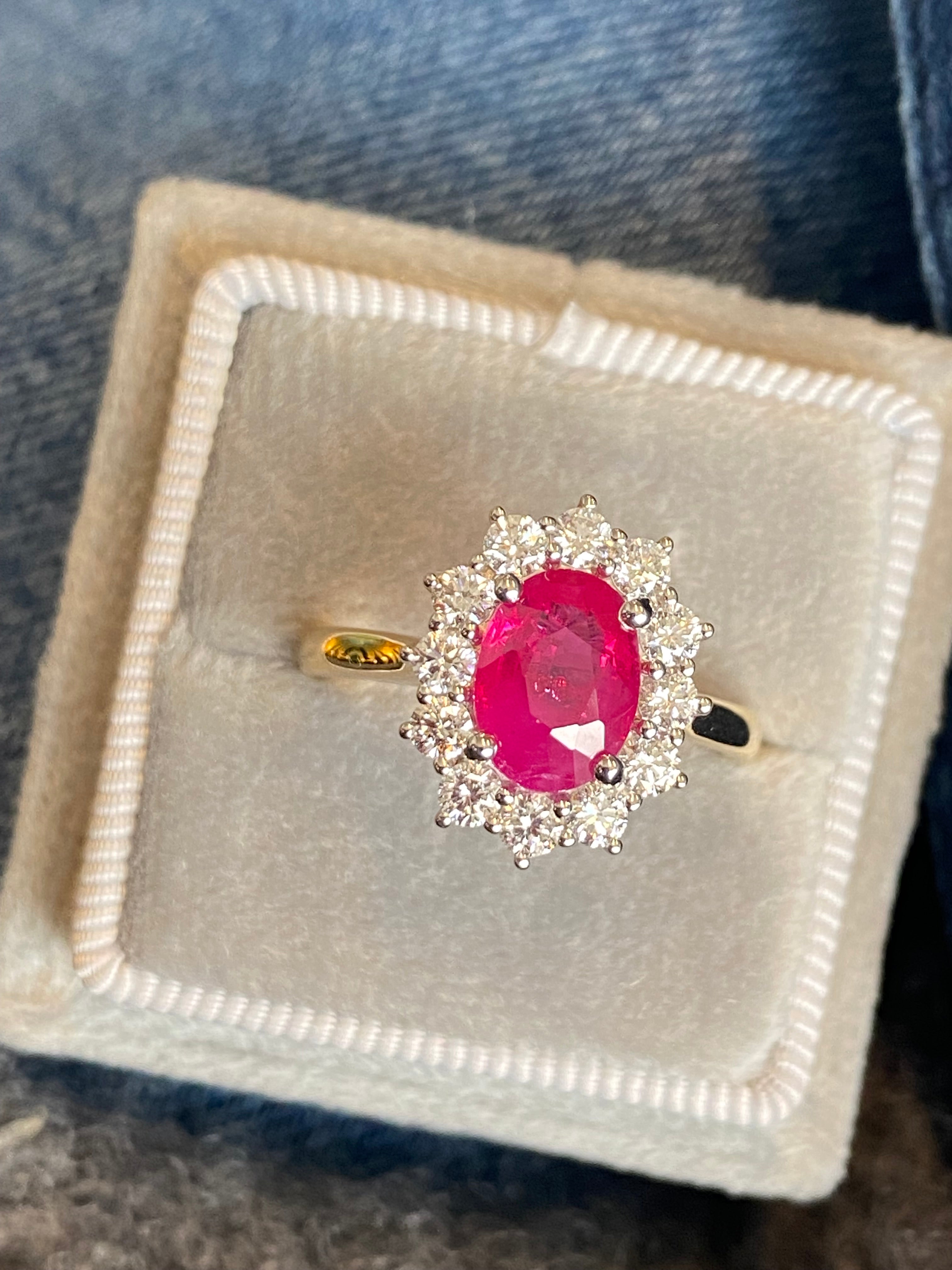 Breathtaking Ruby and Natural Diamond Halo Ring in Platinum and 18ct Yellow Gold