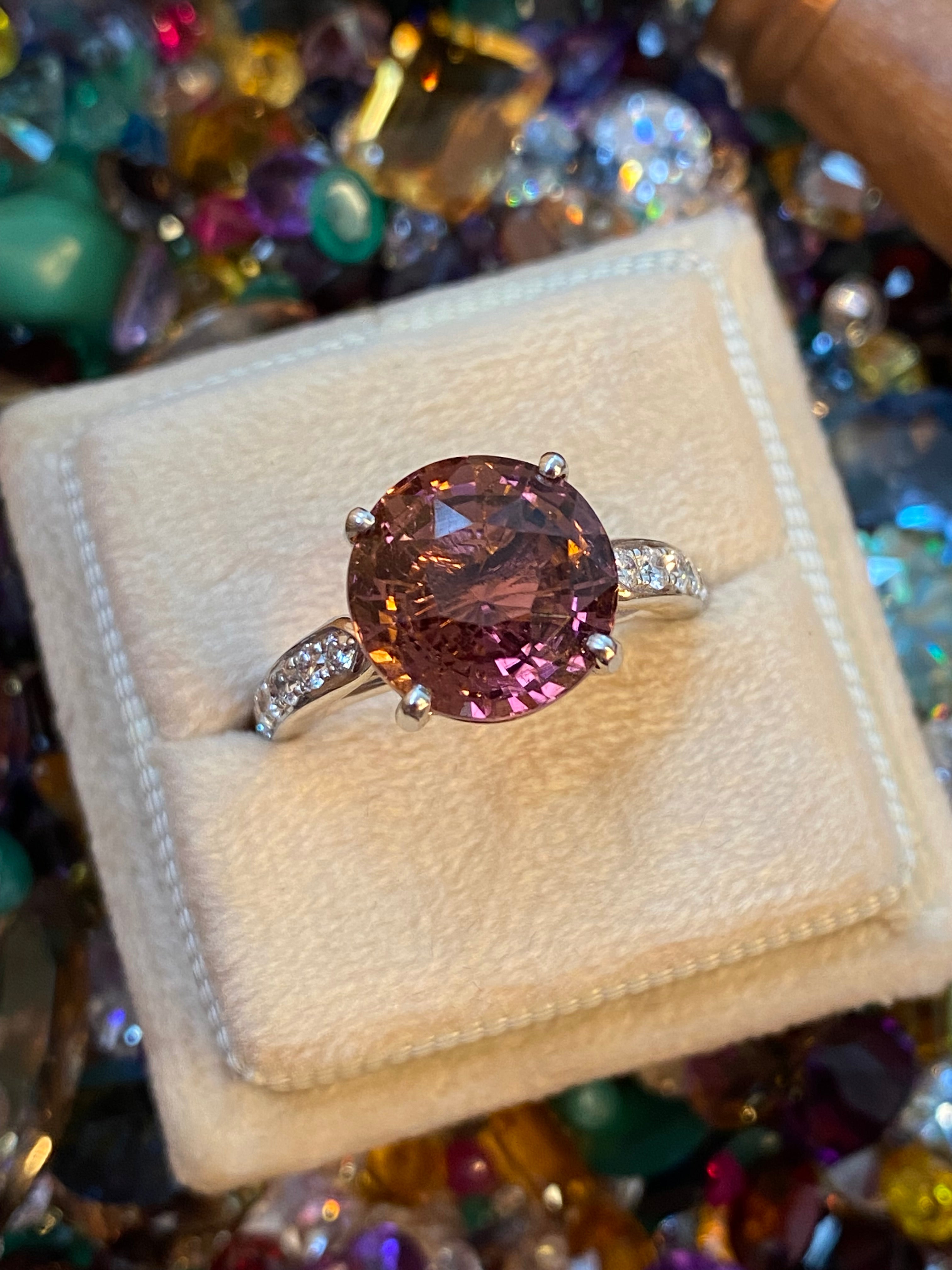 5.09 Carat Round Cut Pink Tourmaline and Natural Diamond Engagement Ring in Platinum