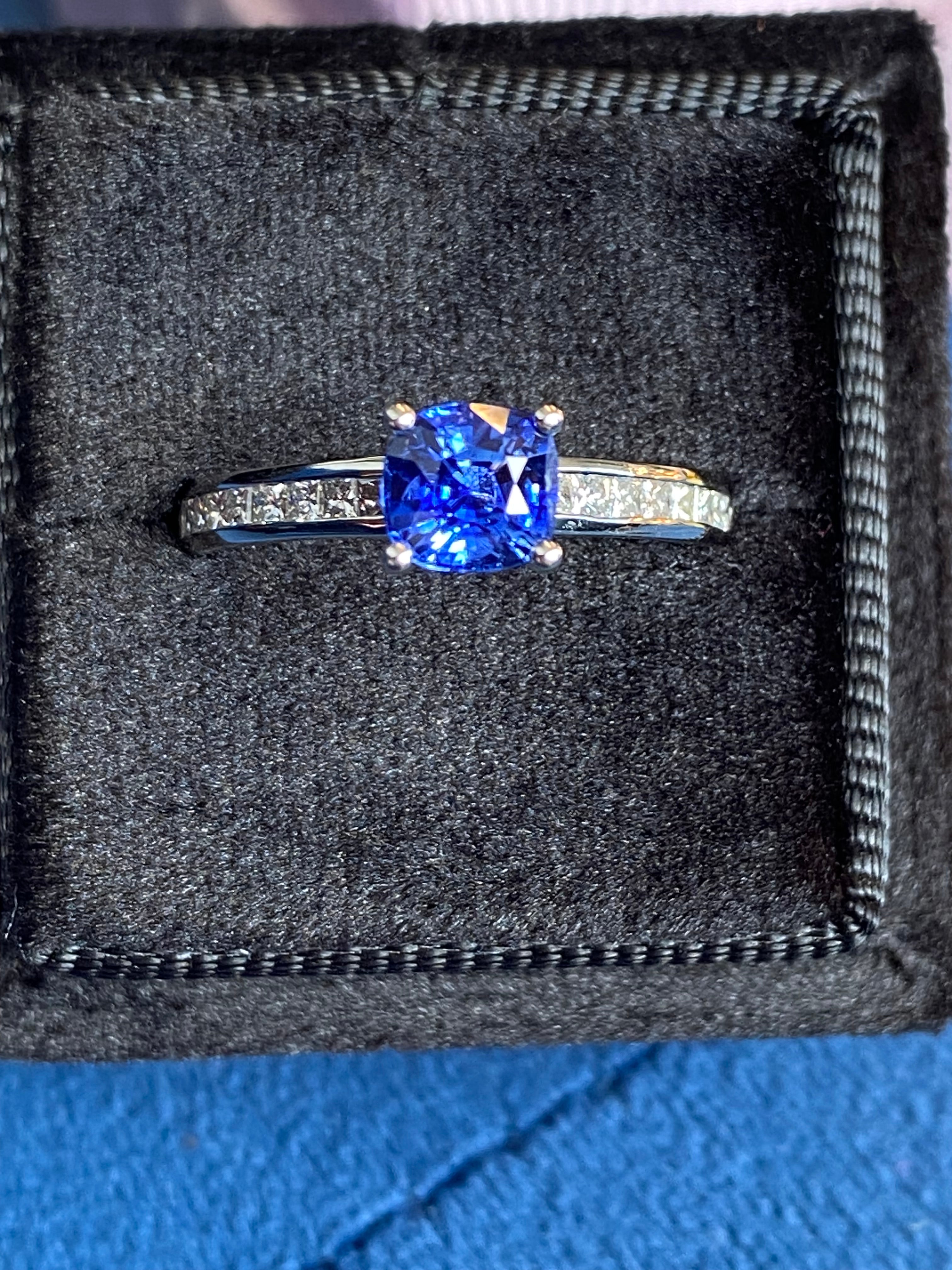 1.02 Carat Cushion Cut Blue Ceylon Sapphire Solitaire Style Engagement Ring in Platinum
