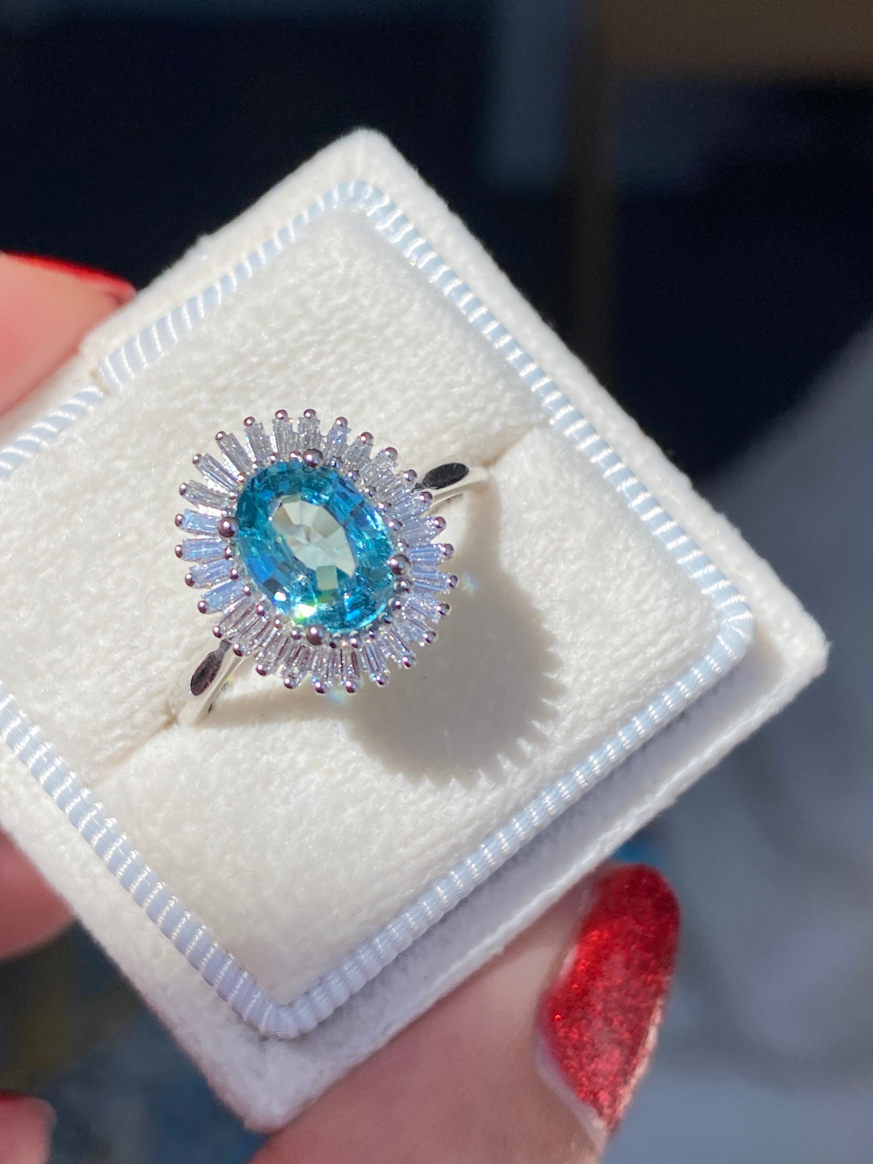 1.70 Carat Blue Zircon and Natural Diamond Starburst Halo Ring in Platinum