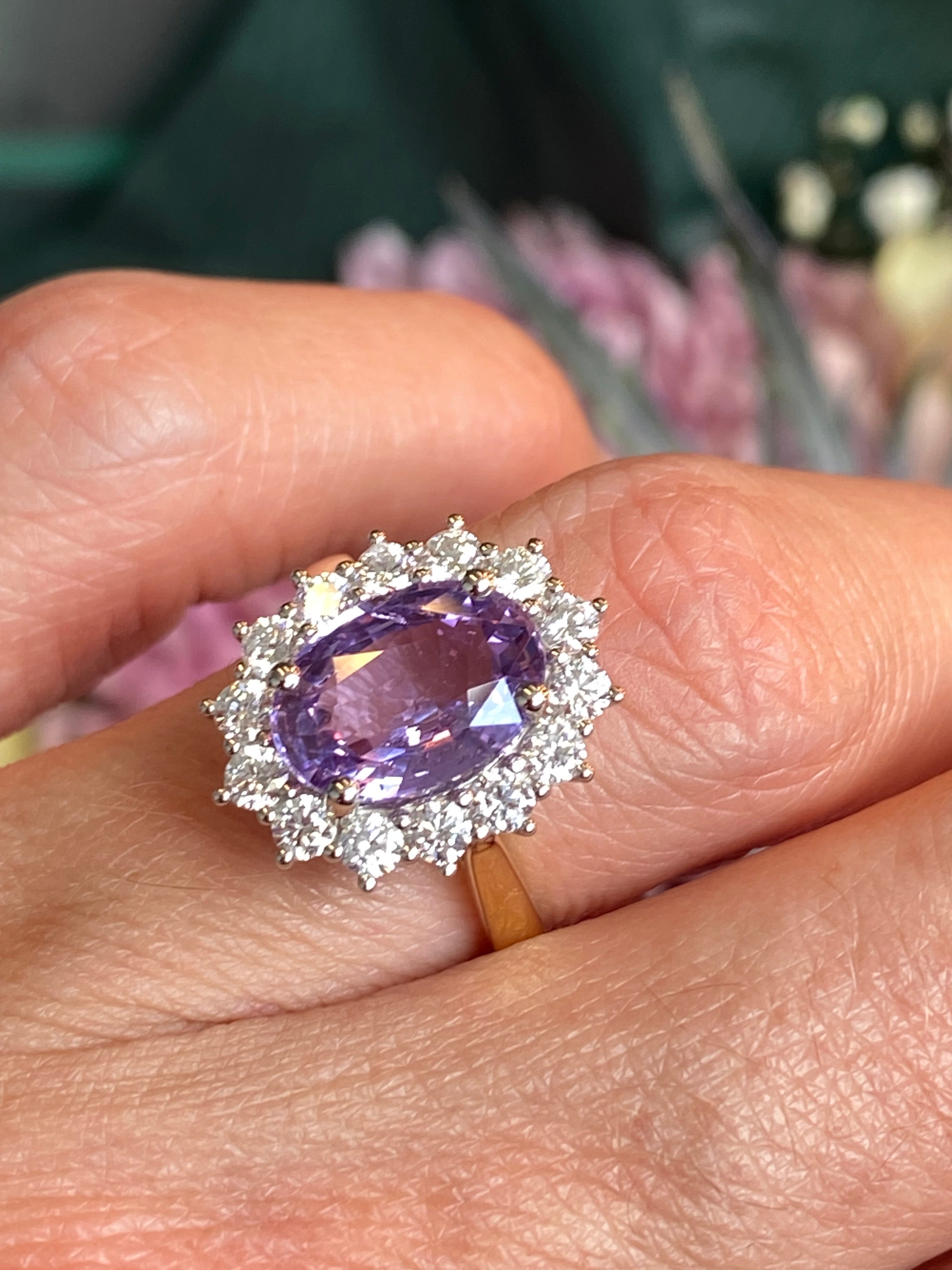 3.52 Carat No Heat Purple Sapphire and Natural Diamond Halo Ring in Platinum and 18ct Yellow Gold