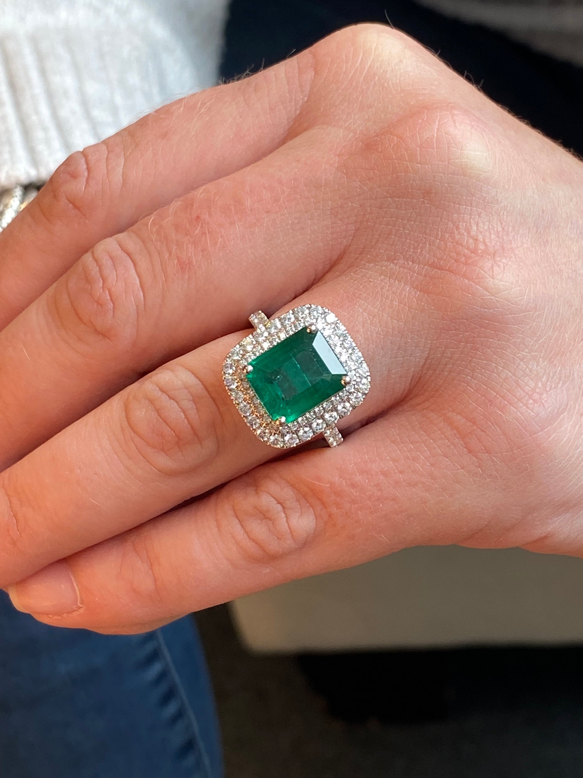 6.07 Carat Emerald Cut Emerald and Diamond Halo Ring in Platinum