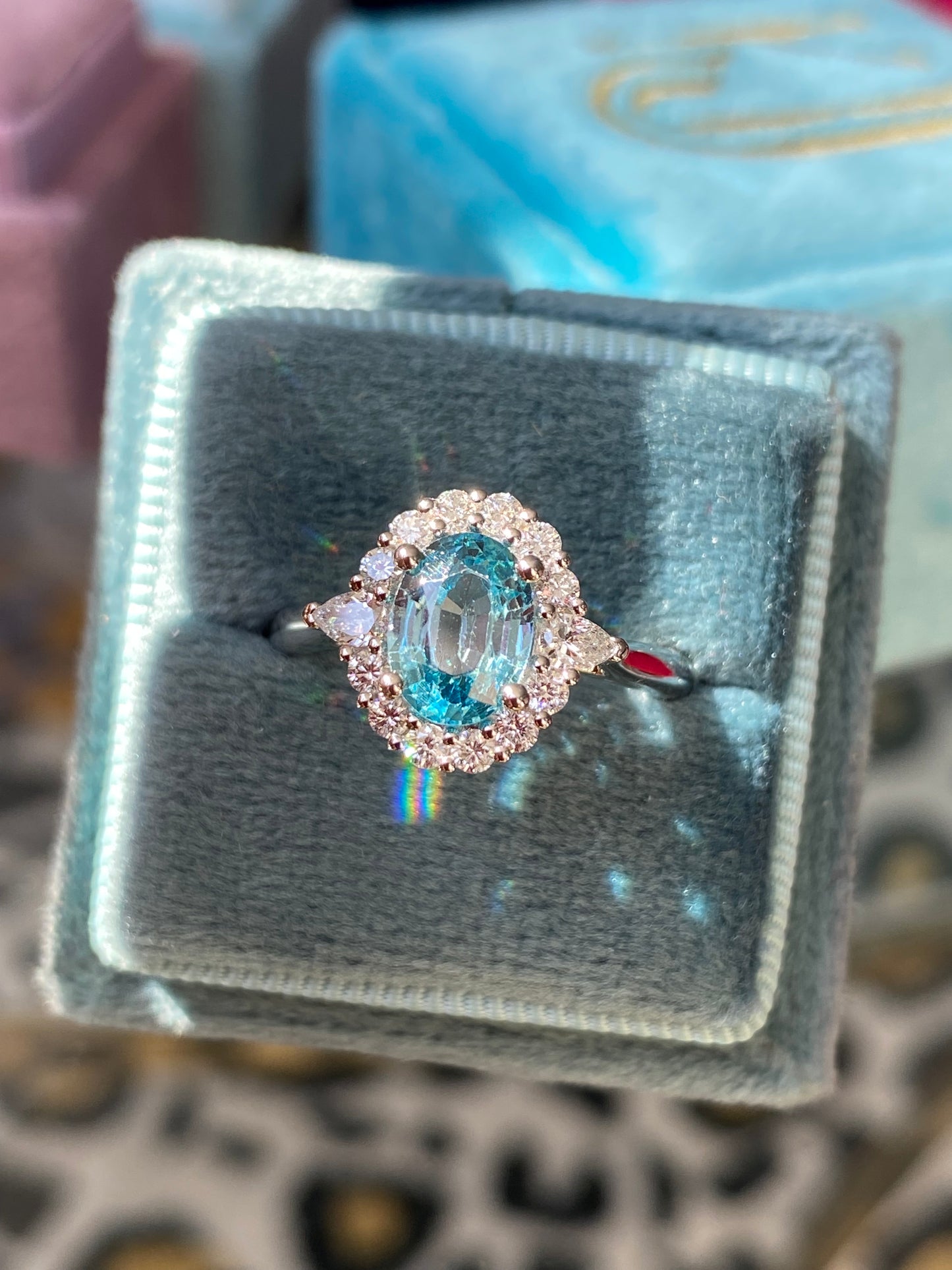 1.78 Carat Blue Zircon and Natural Diamond Halo Ring in Platinum