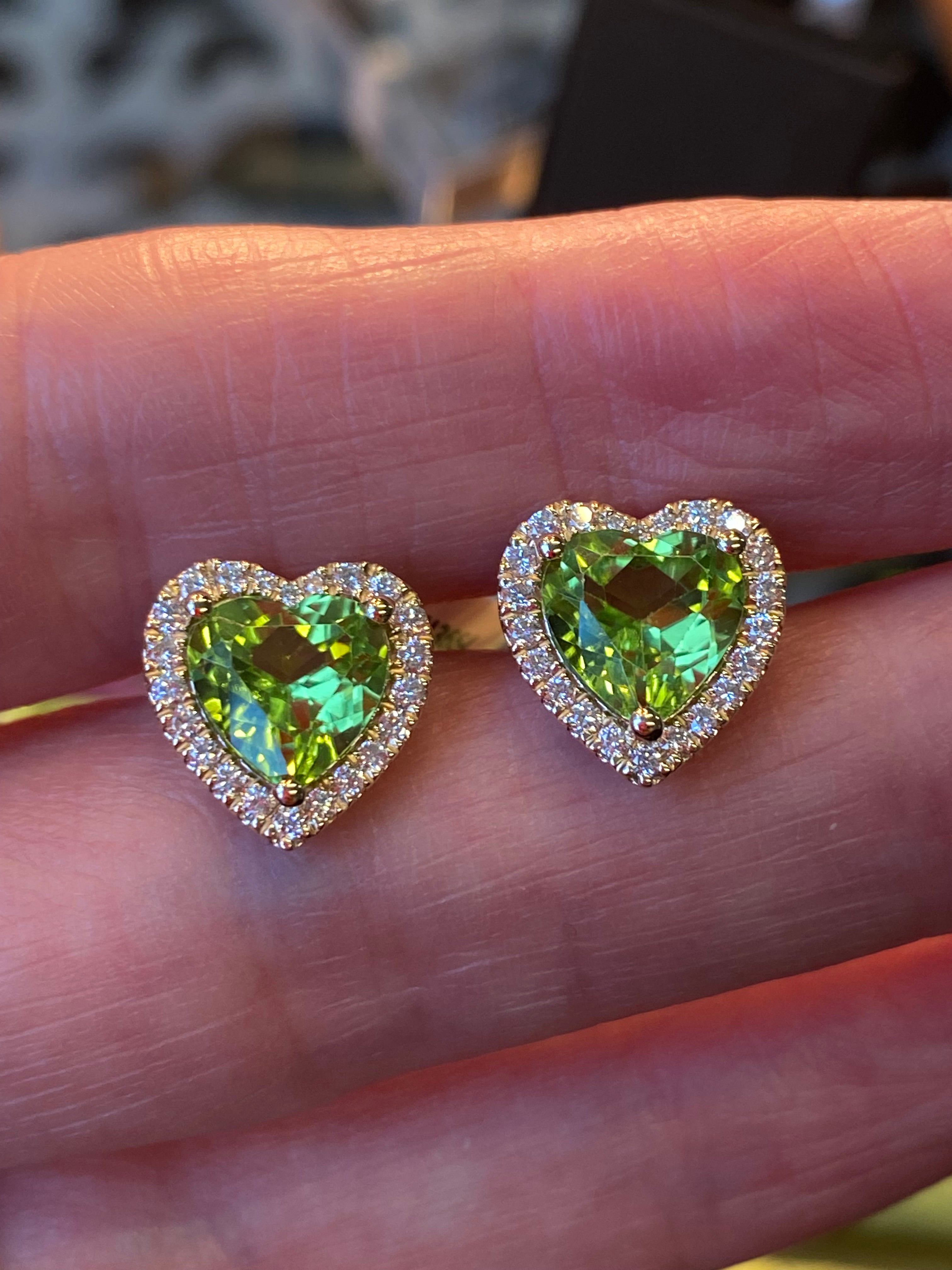 Beautiful Heart Shaped Peridot and Natural Diamond Stud Earrings in 9ct Yellow Gold