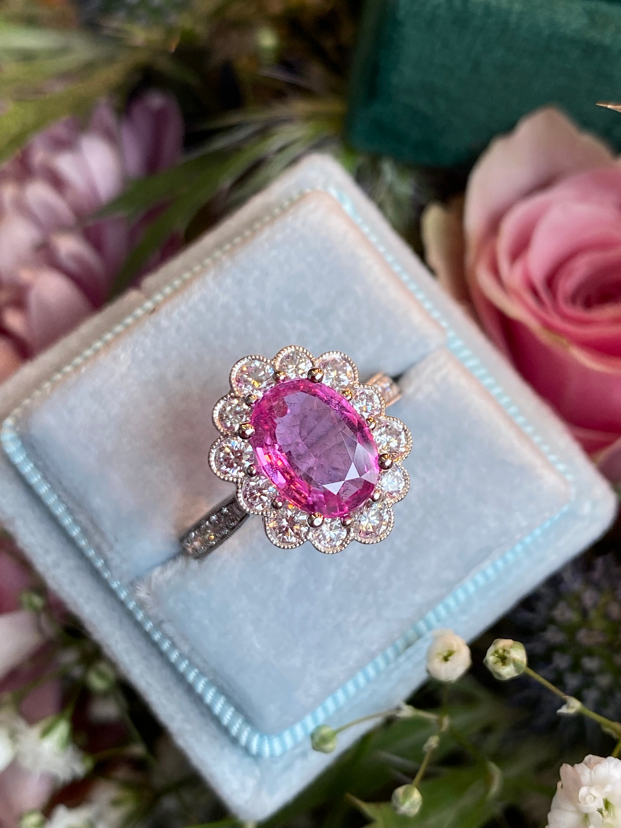 2.92 CTW Oval Cut Pink Sapphire and Natural Diamond Halo Engagement Ring in Platinum