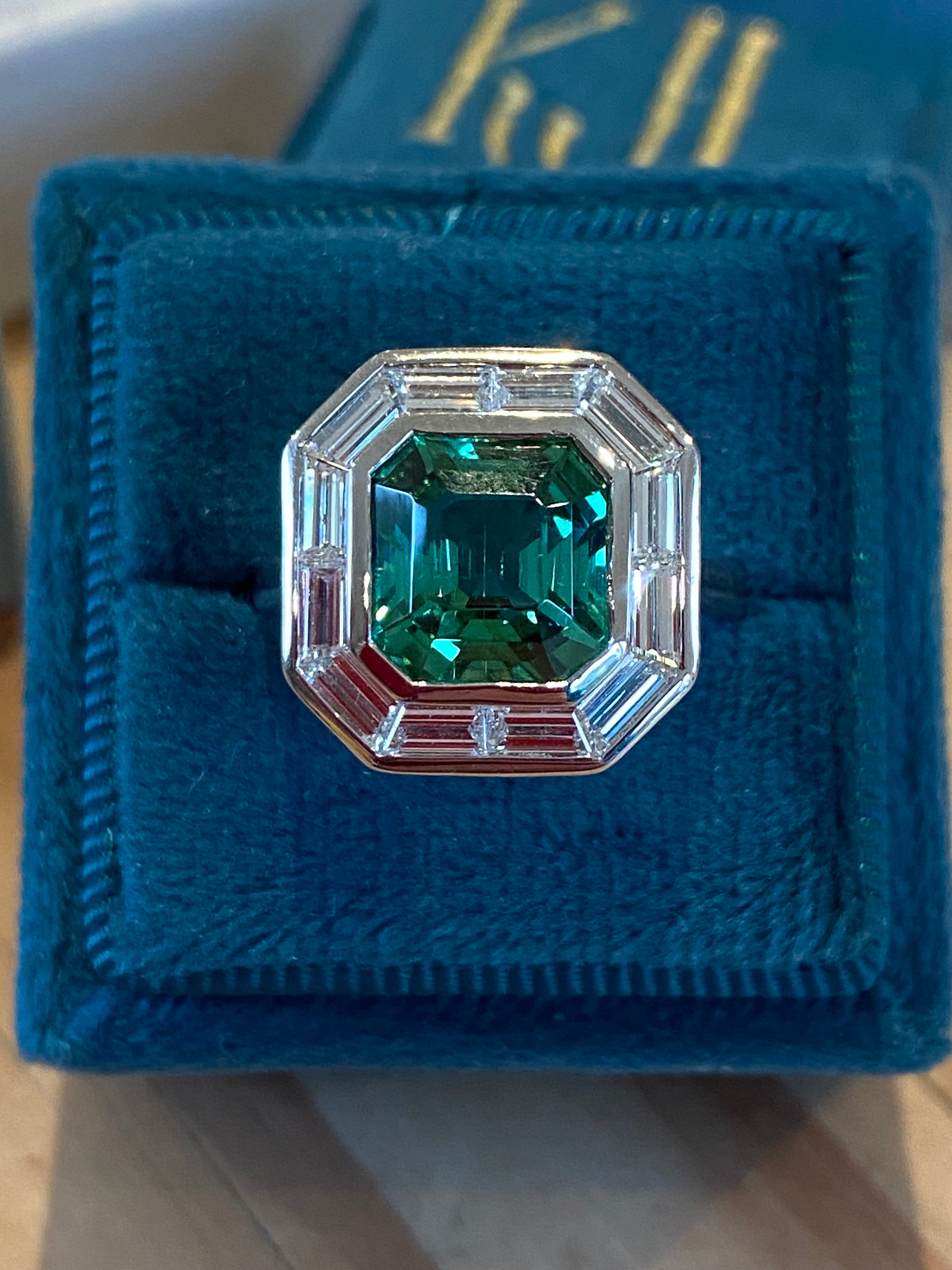 3.98 Carat Mint Tourmaline and 1.15ctw Natural Diamond Ring in Platinum
