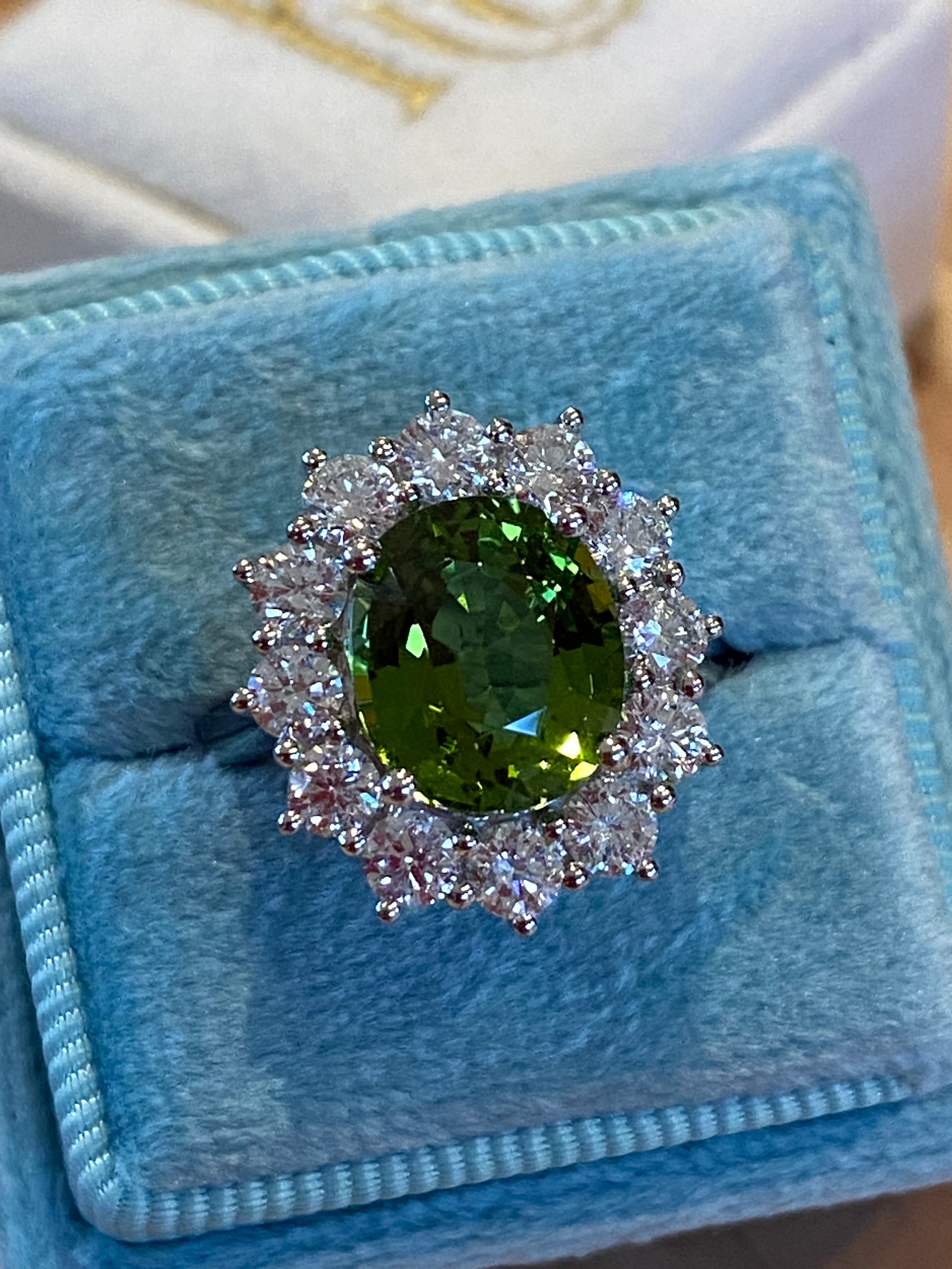 4.99 CTW Green Tourmaline and Natural Diamond Halo Ring in Platinum