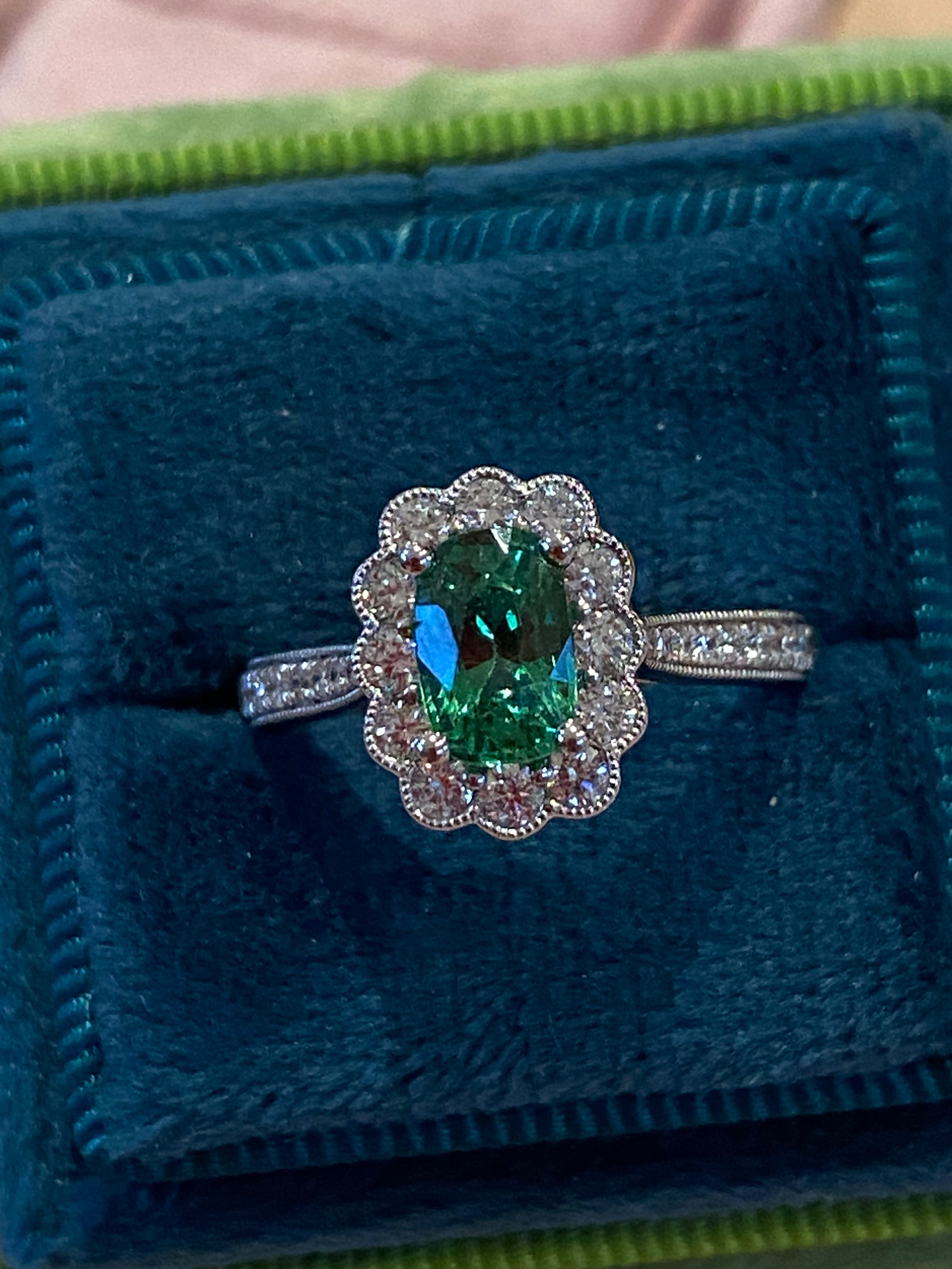 1.75 CTW Tsavorite Garnet and Natural Diamond Halo Ring in Platinum