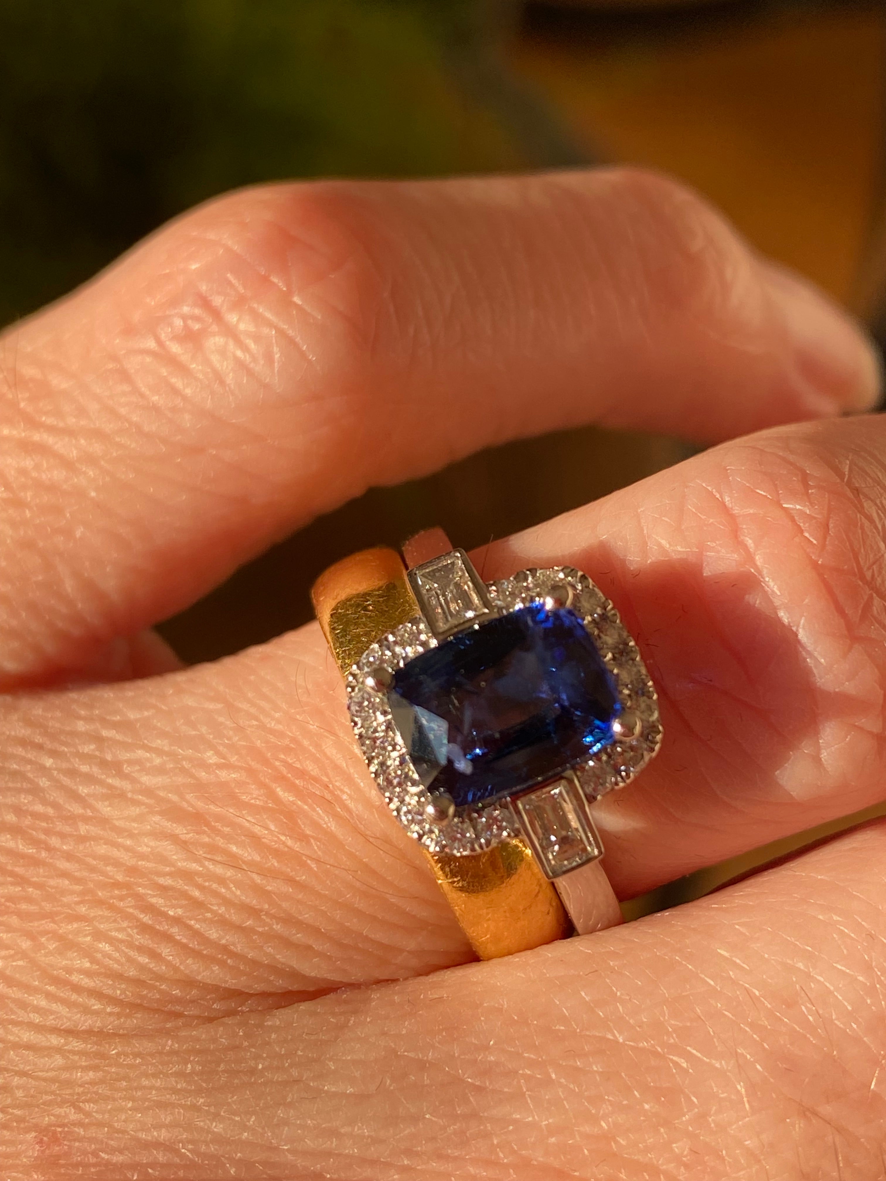 2.59 Carat Cushion Cut Sapphire and Natural Diamond Halo Ring in Platinum