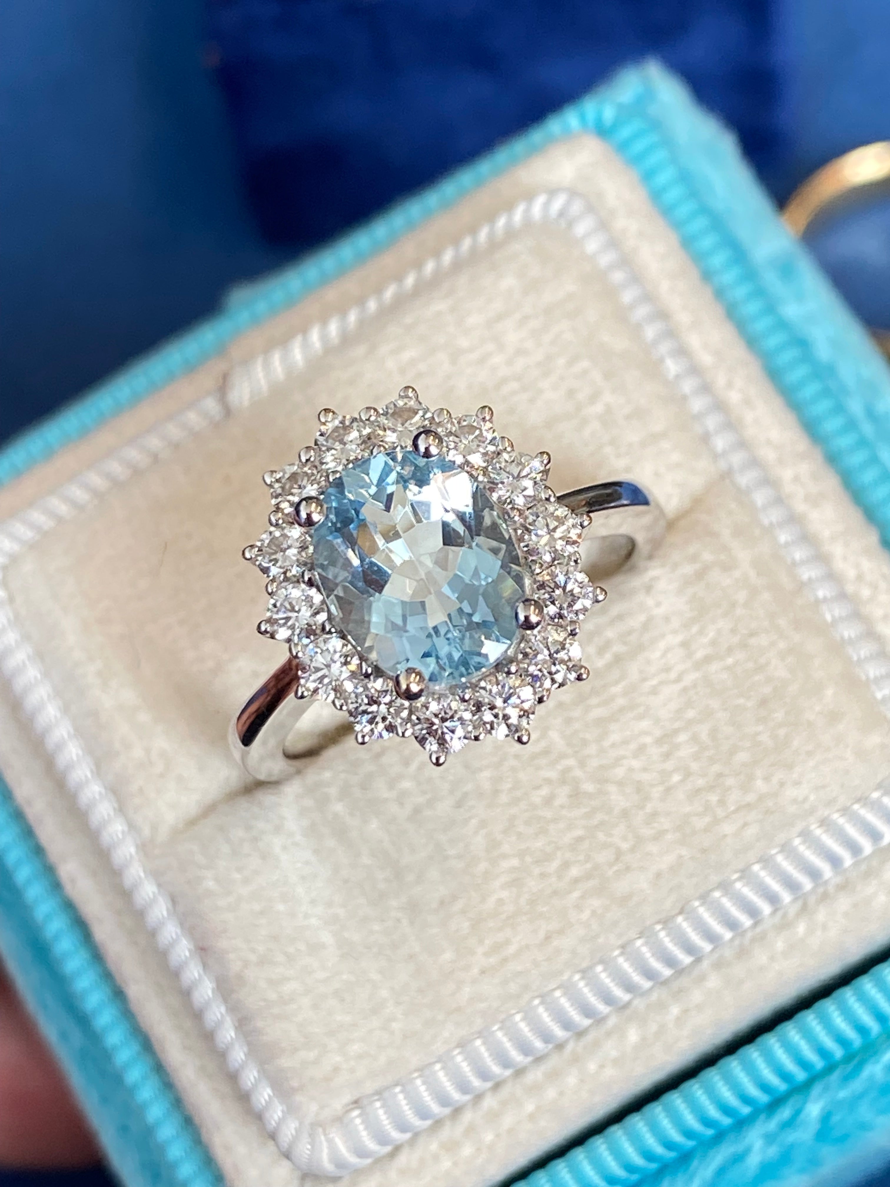 2.02 CTW Oval Cut Aquamarine and Natural Diamond Halo Engagement Ring in Platinum