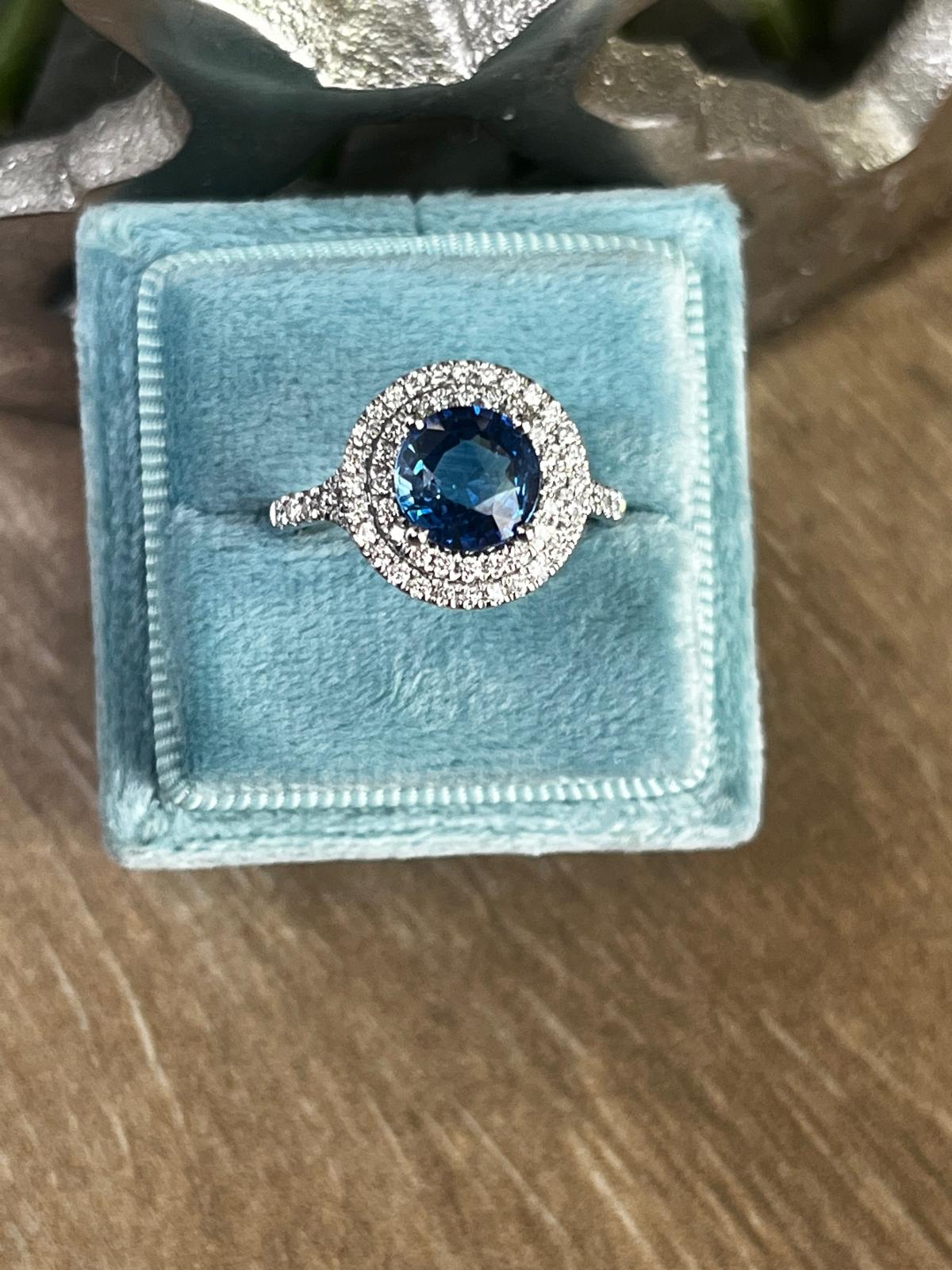 2.56 CTW Blue Ceylon Sapphire and Natural Diamond Double Halo Ring in Platinum