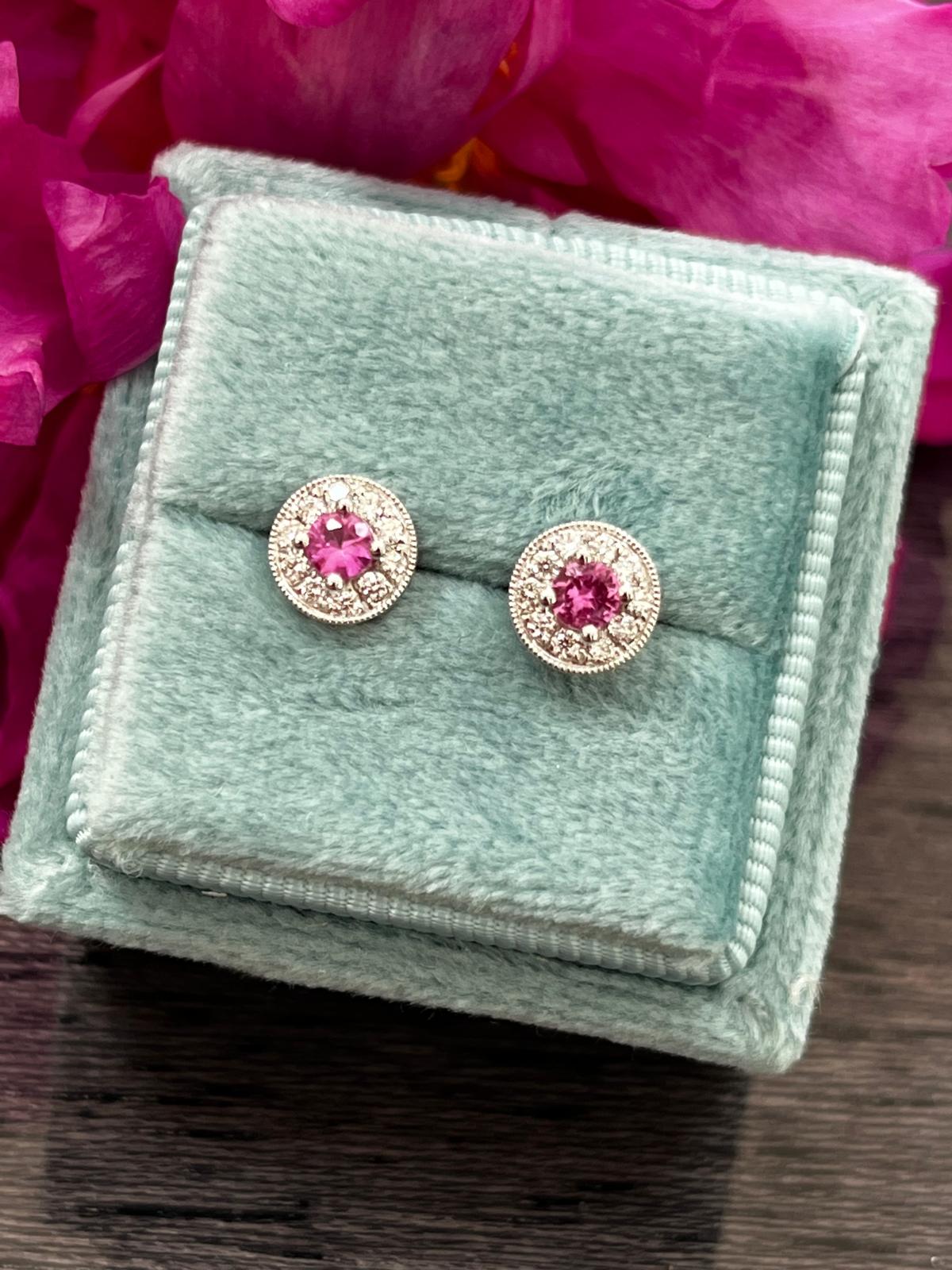 Pink Sapphire and Natural Diamond Halo Stud Earrings in 18ct White Gold