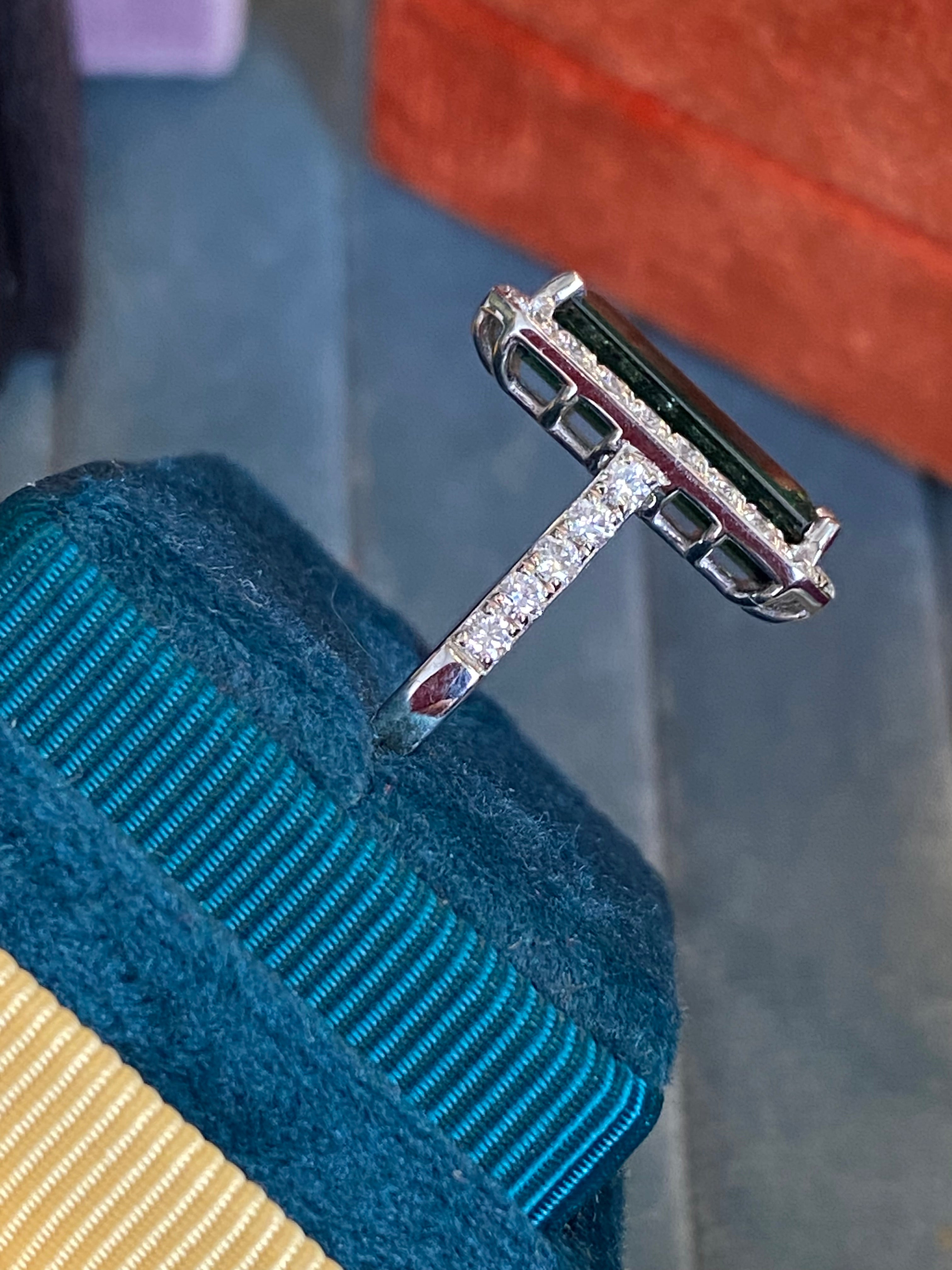 5.28 CTW Emerald Cut Green Tourmaline and Natural Diamond Ring in Platinum