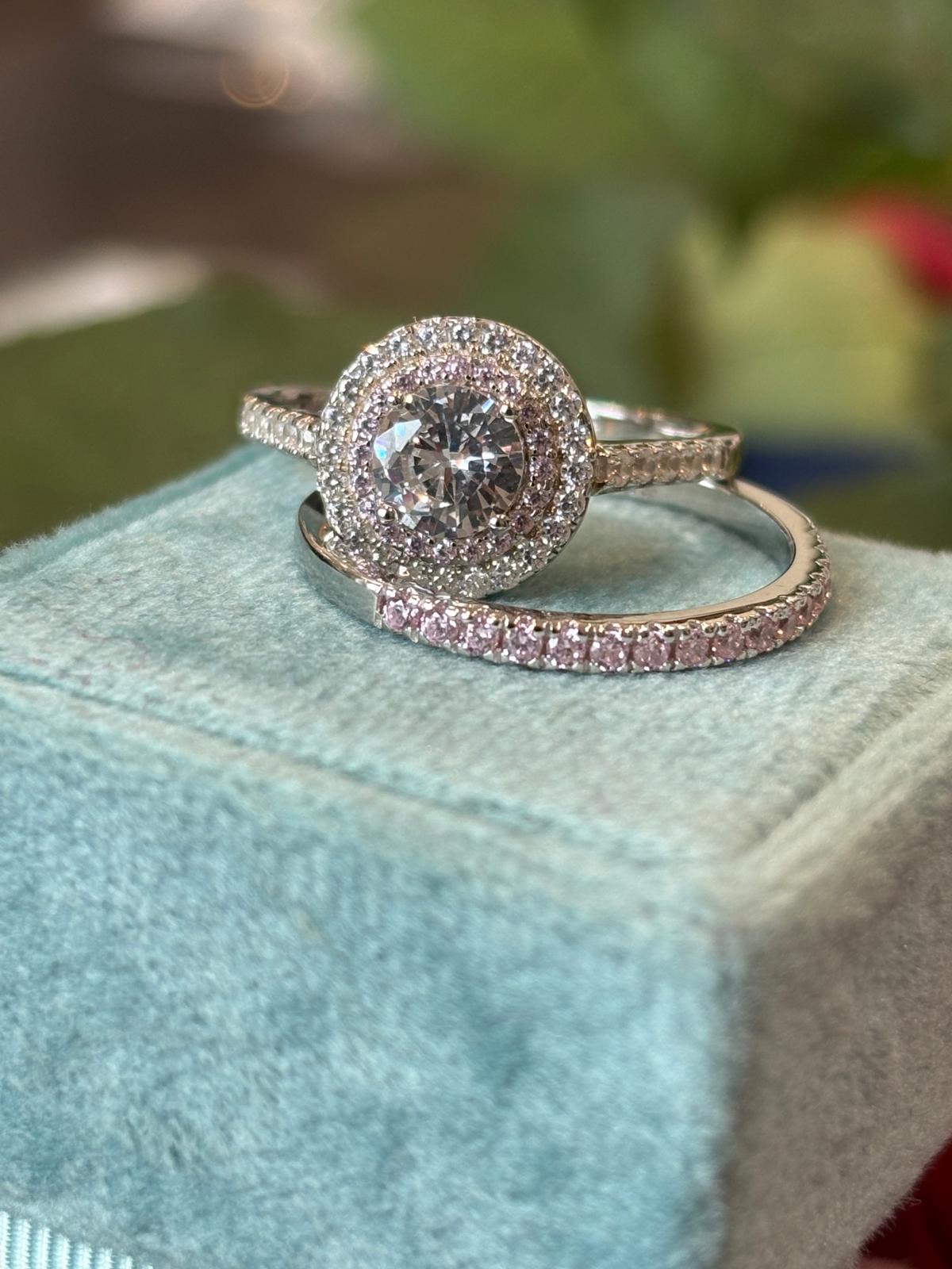Round Cut Moissanite Pink Double Halo Engagement and Wedding / Eternity Ring Set in Sterling Silver
