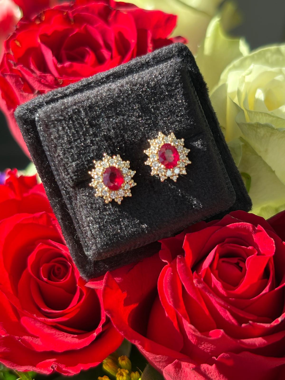 1.09 CTW Oval Cut Certified Ruby and Natural Diamond Halo Stud Earrings in 18ct Yellow Gold