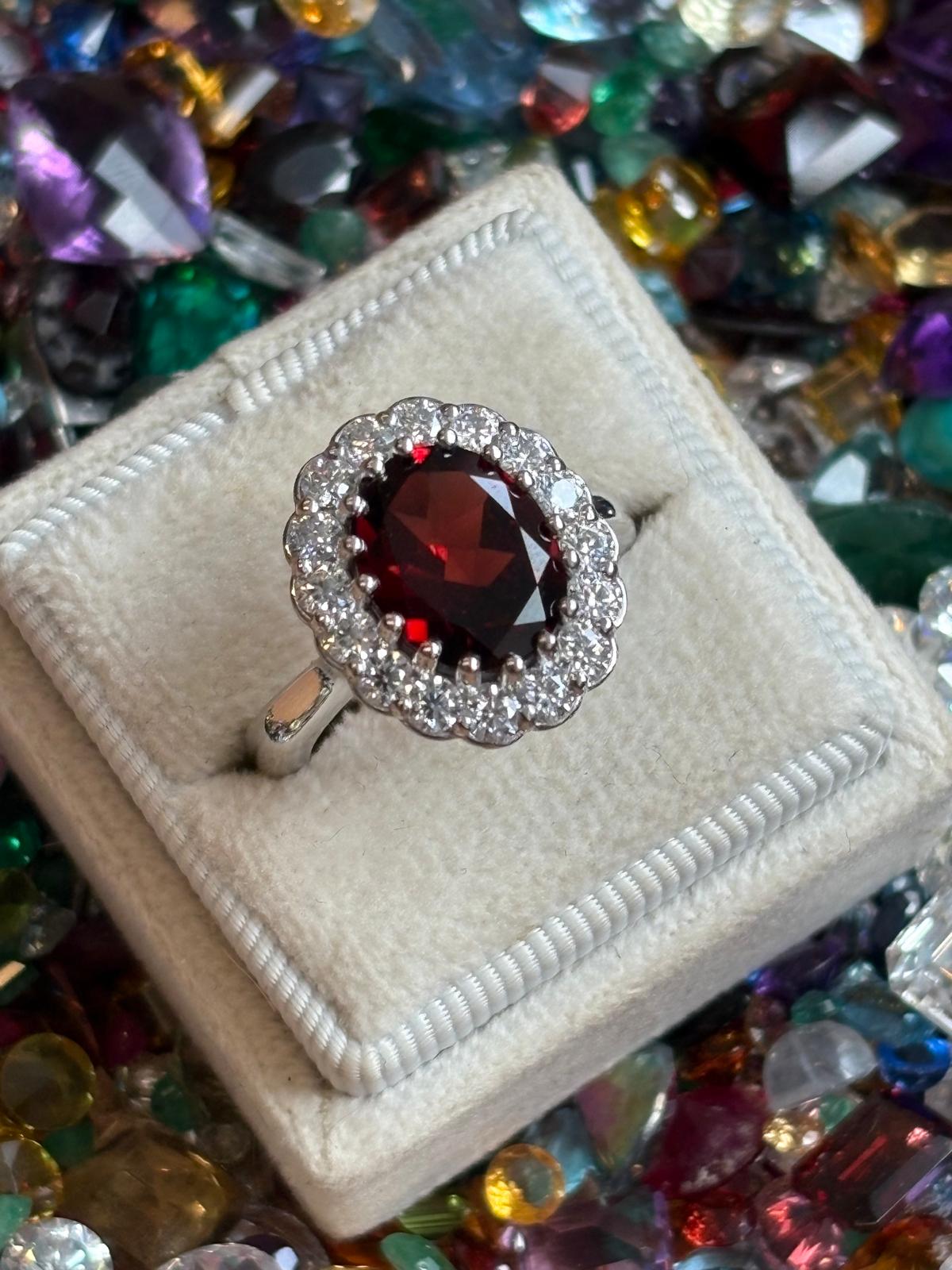 4.50 CTW Oval Cut Garnet and Moissanite Halo Cocktail Ring