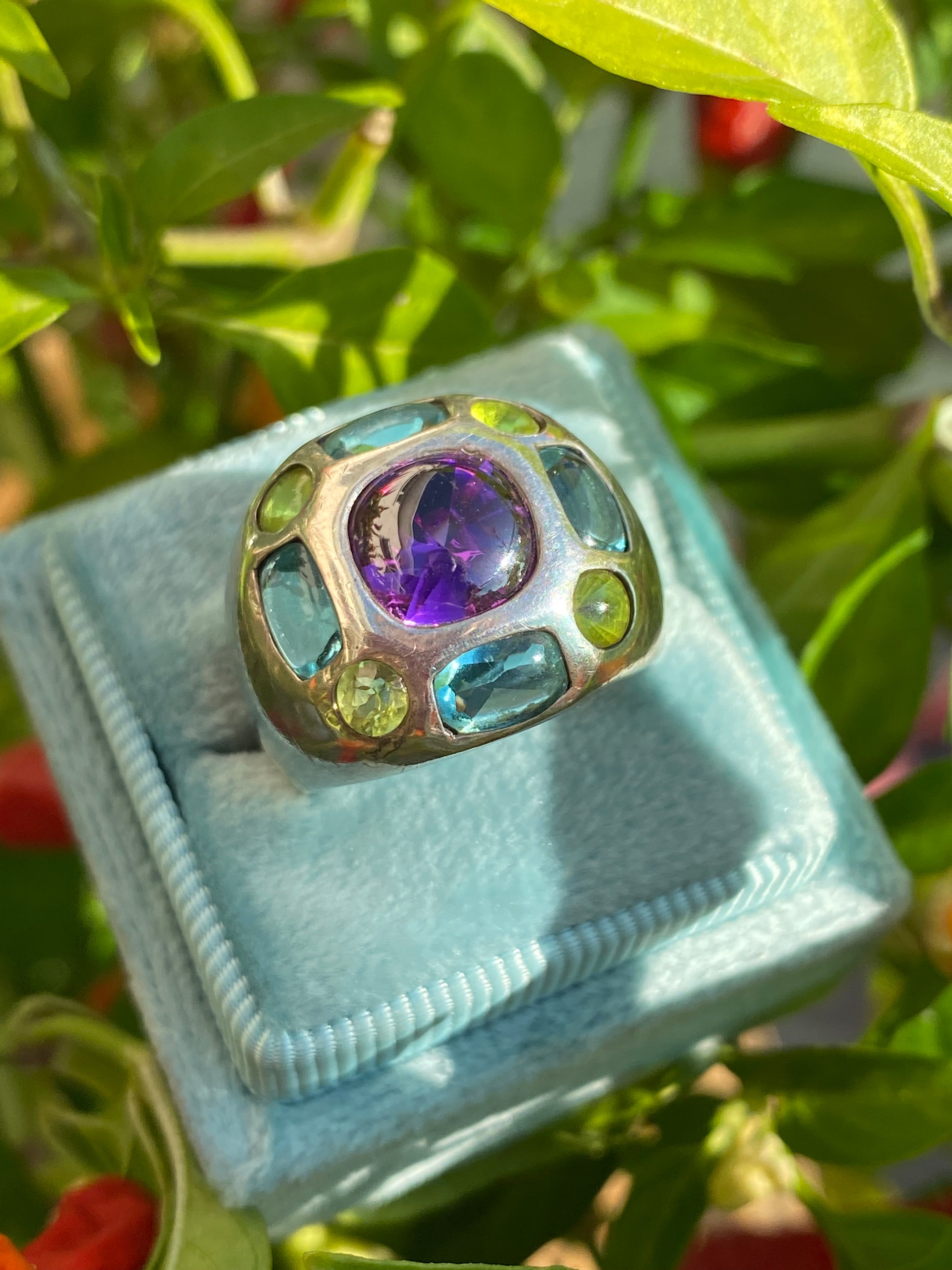 Beautiful Vintage Amethyst, Peridot and Blue Topaz Ring in Sterling Silver