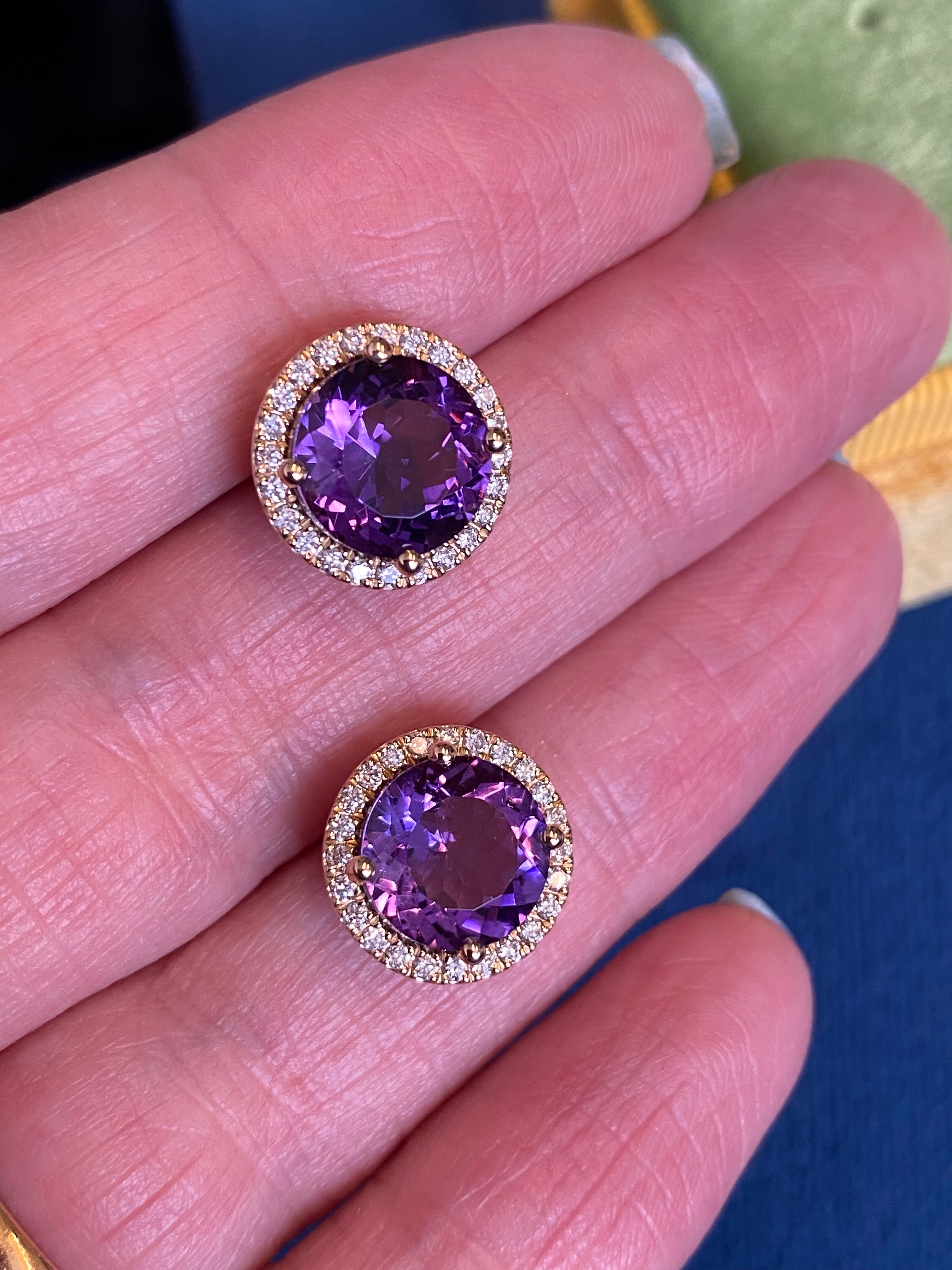 5.28 CTW Amethyst Natural Diamond Halo Stud Earrings in 9ct Yellow Gold