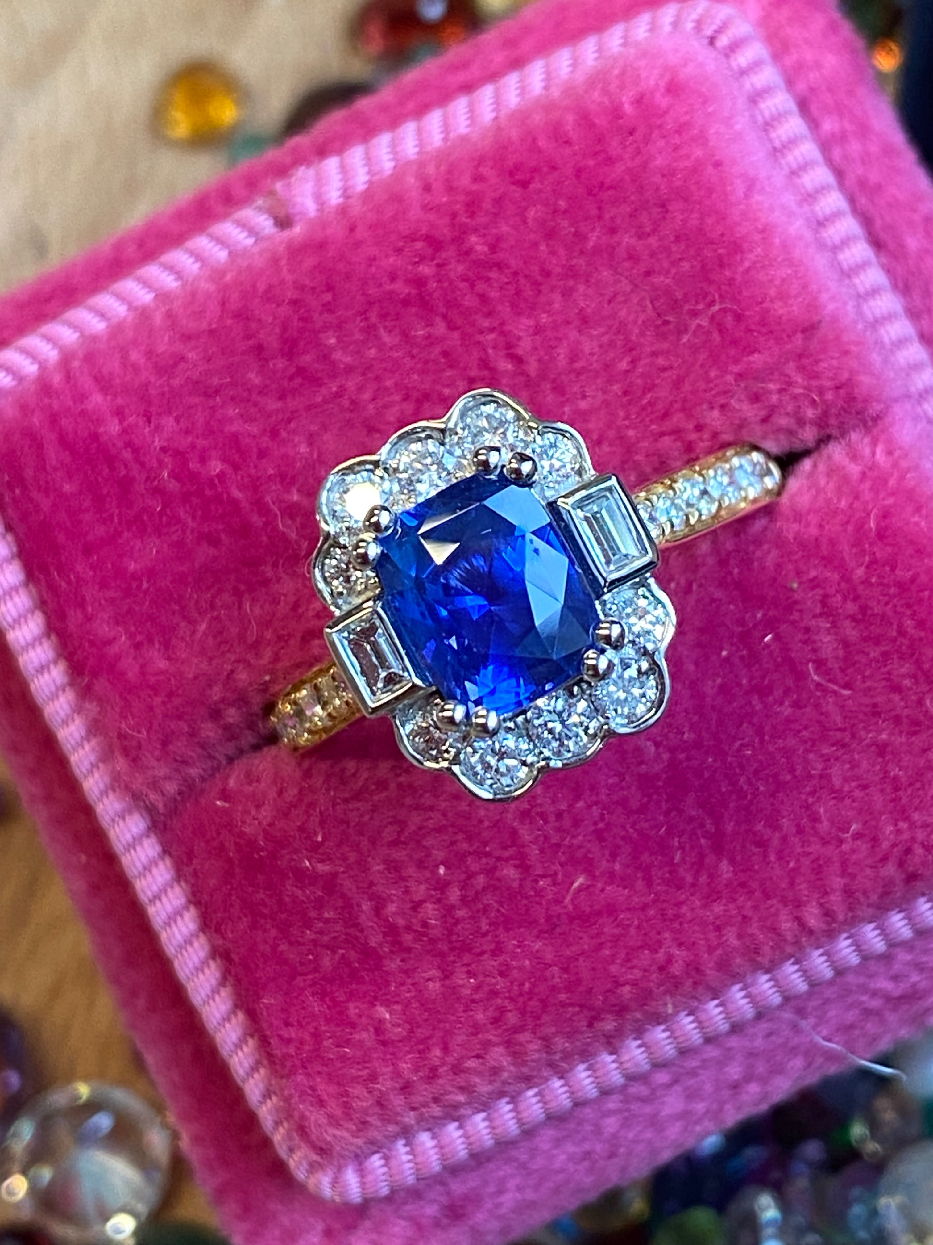 2.11 CTW Cushion Cut Ceylon Sapphire and Natural Diamond Ring in 18ct Yellow Gold