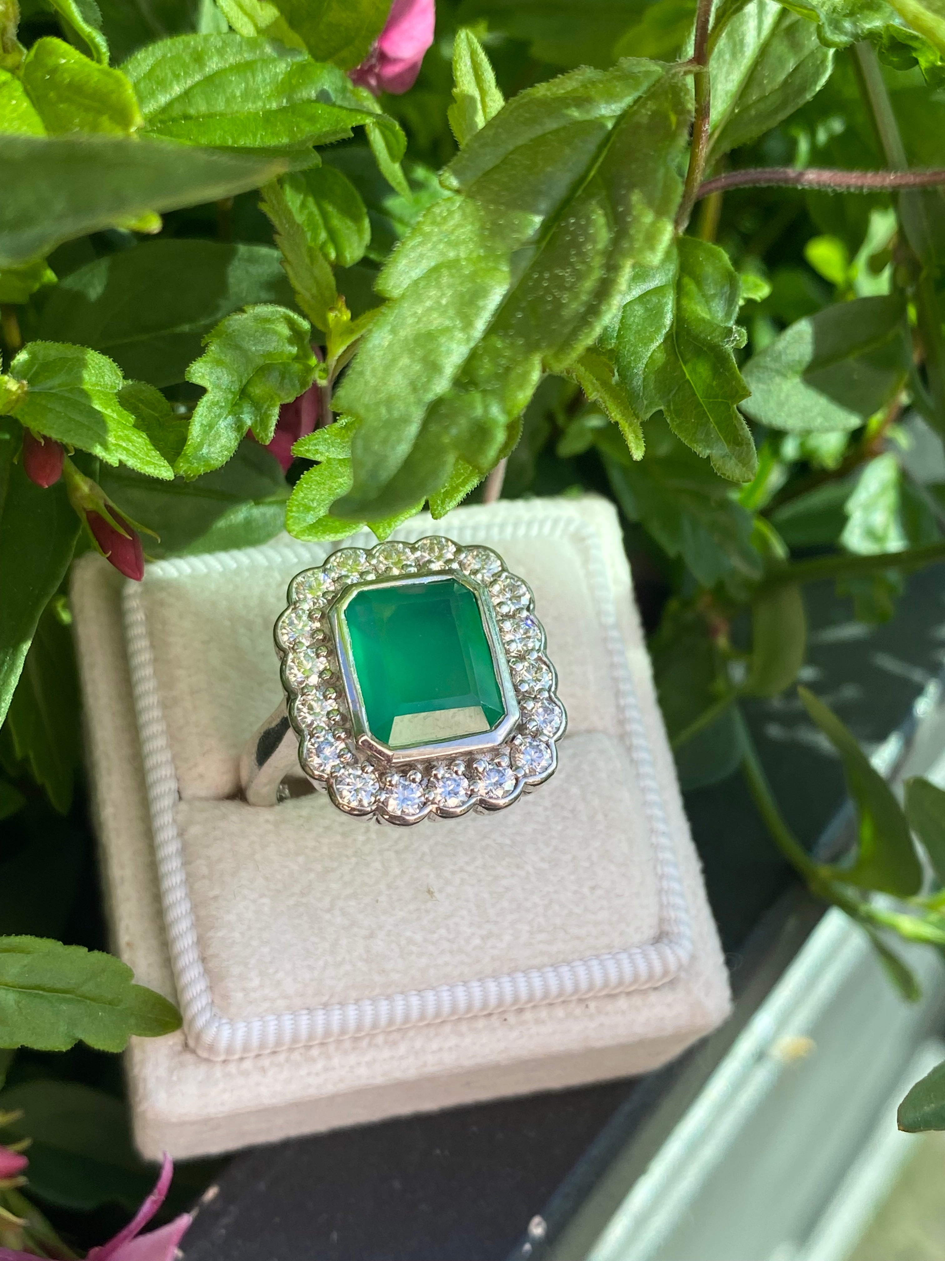4.25 CTW Emerald Cut Green Onyx and Moissanite Halo Cocktail Ring in Sterling Silver