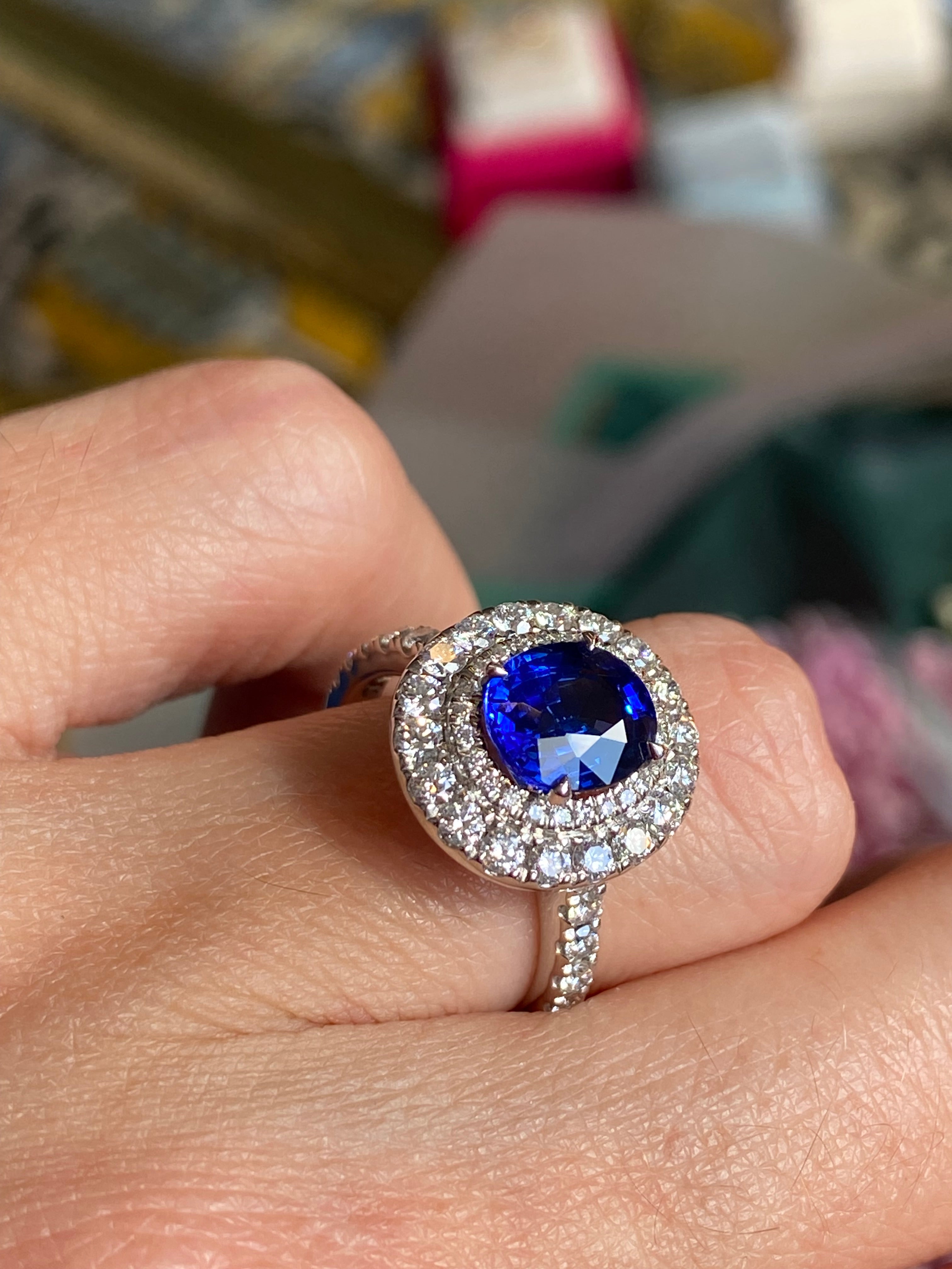 2.21 Carat Blue Ceylon Sapphire and 1.04 CTW Natural Diamond Halo Ring in Platinum