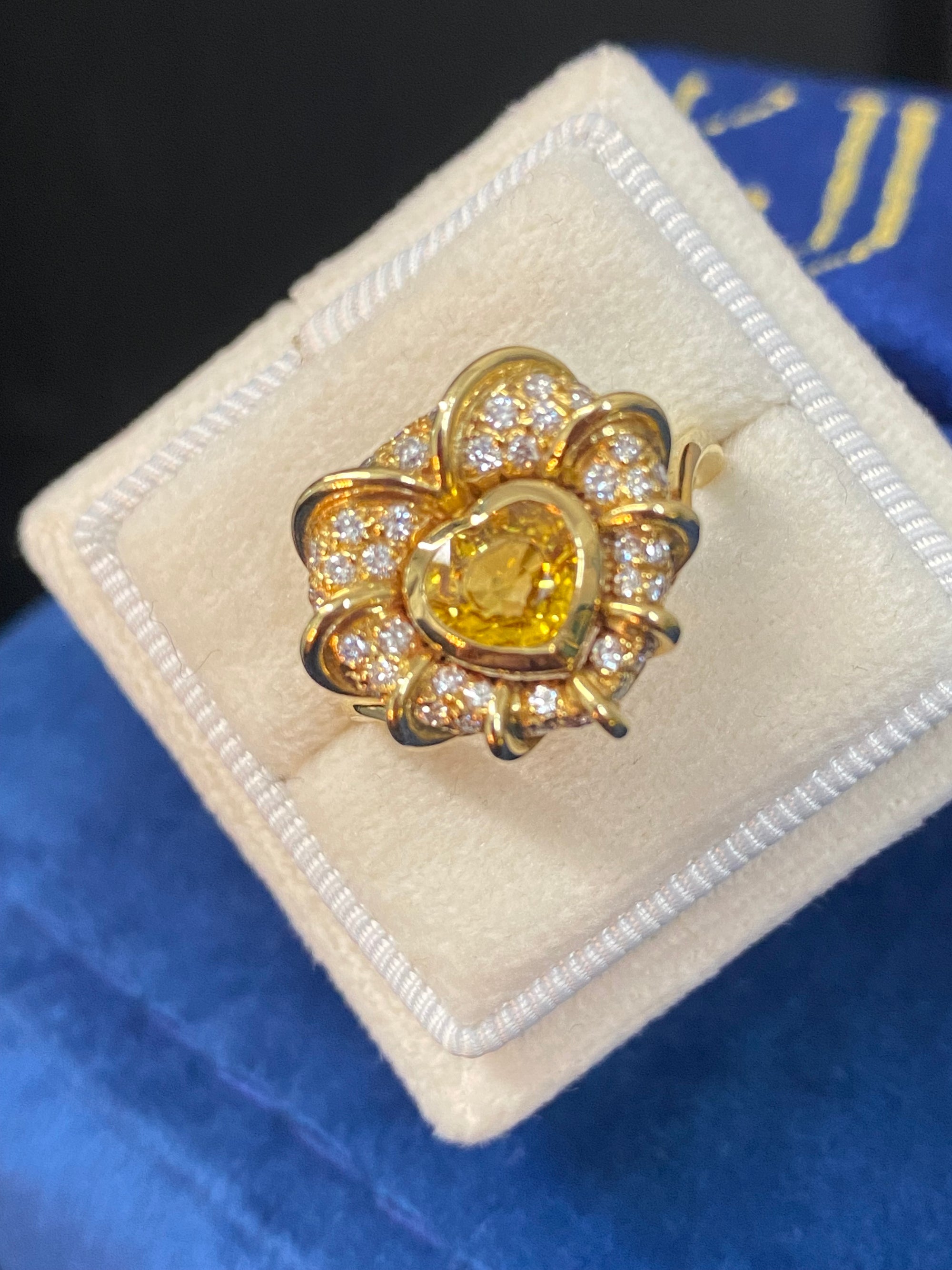 Vintage Yellow Sapphire and Natural Diamond Halo Ring in 18ct Yellow Gold