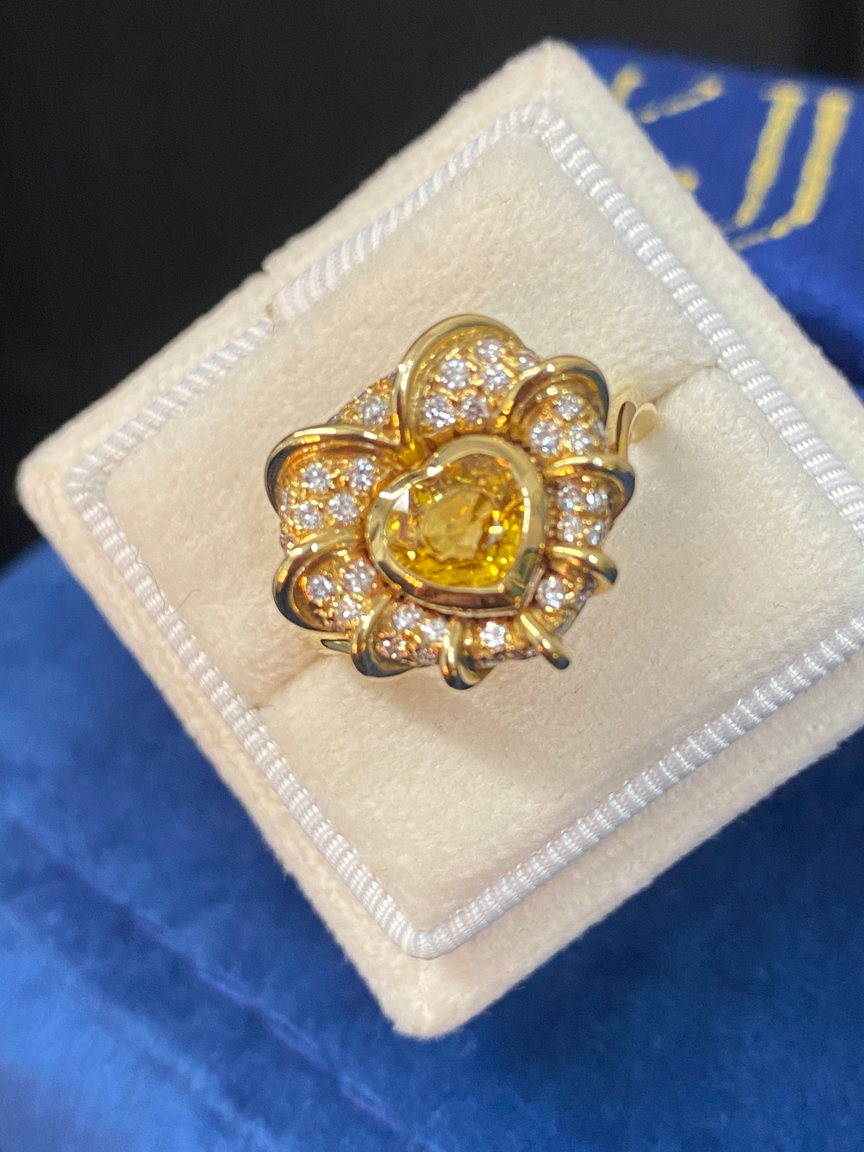Vintage Yellow Sapphire and Natural Diamond Halo Ring in 18ct Yellow Gold