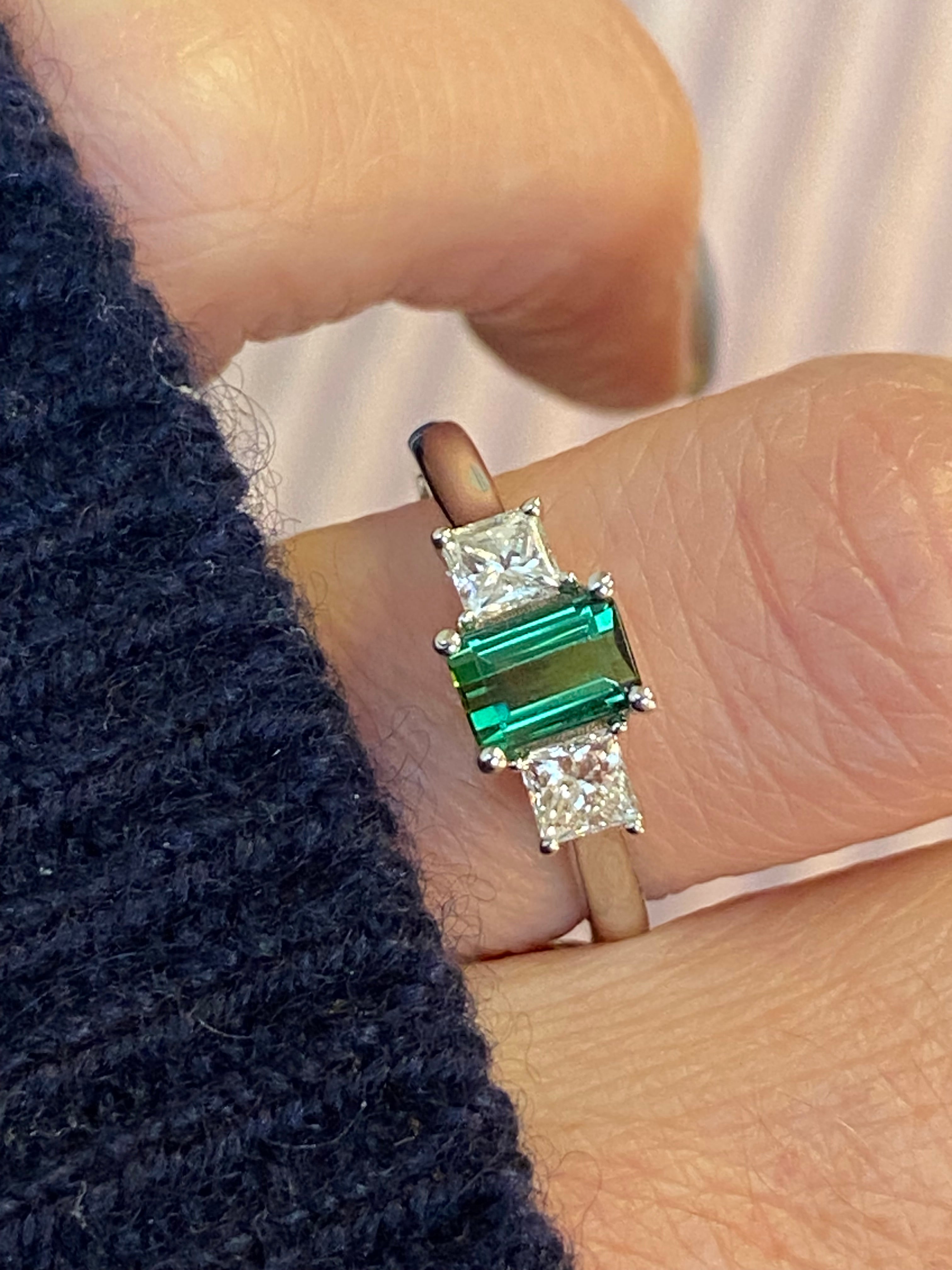 Beautiful Green Tourmaline and Natural Diamond Three Stone Ring in Platinum