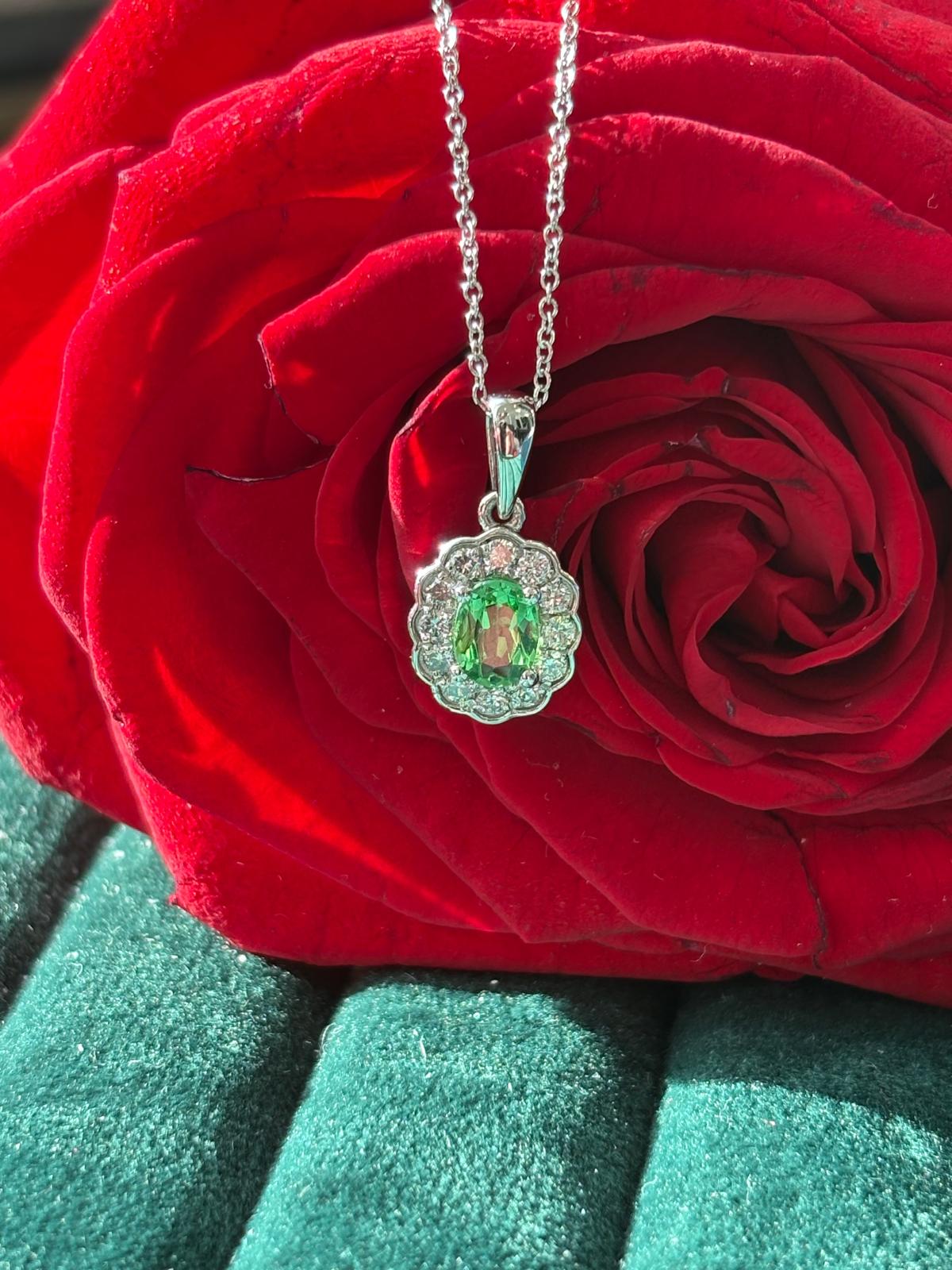 0.64 CTW Tsavorite Garnet and Natural Diamond Pendant Necklace in 18ct White Gold