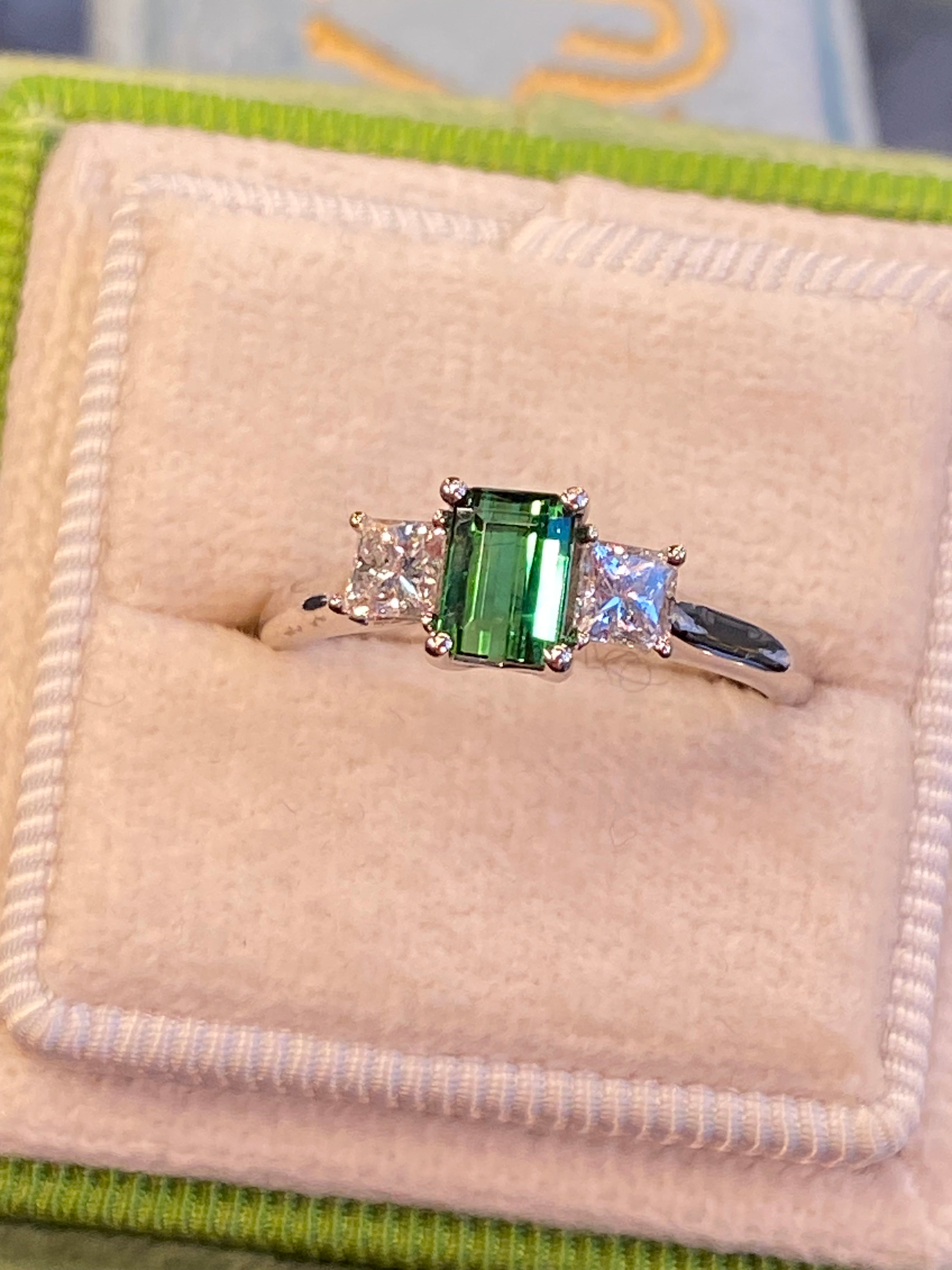 Beautiful Green Tourmaline and Natural Diamond Three Stone Ring in Platinum