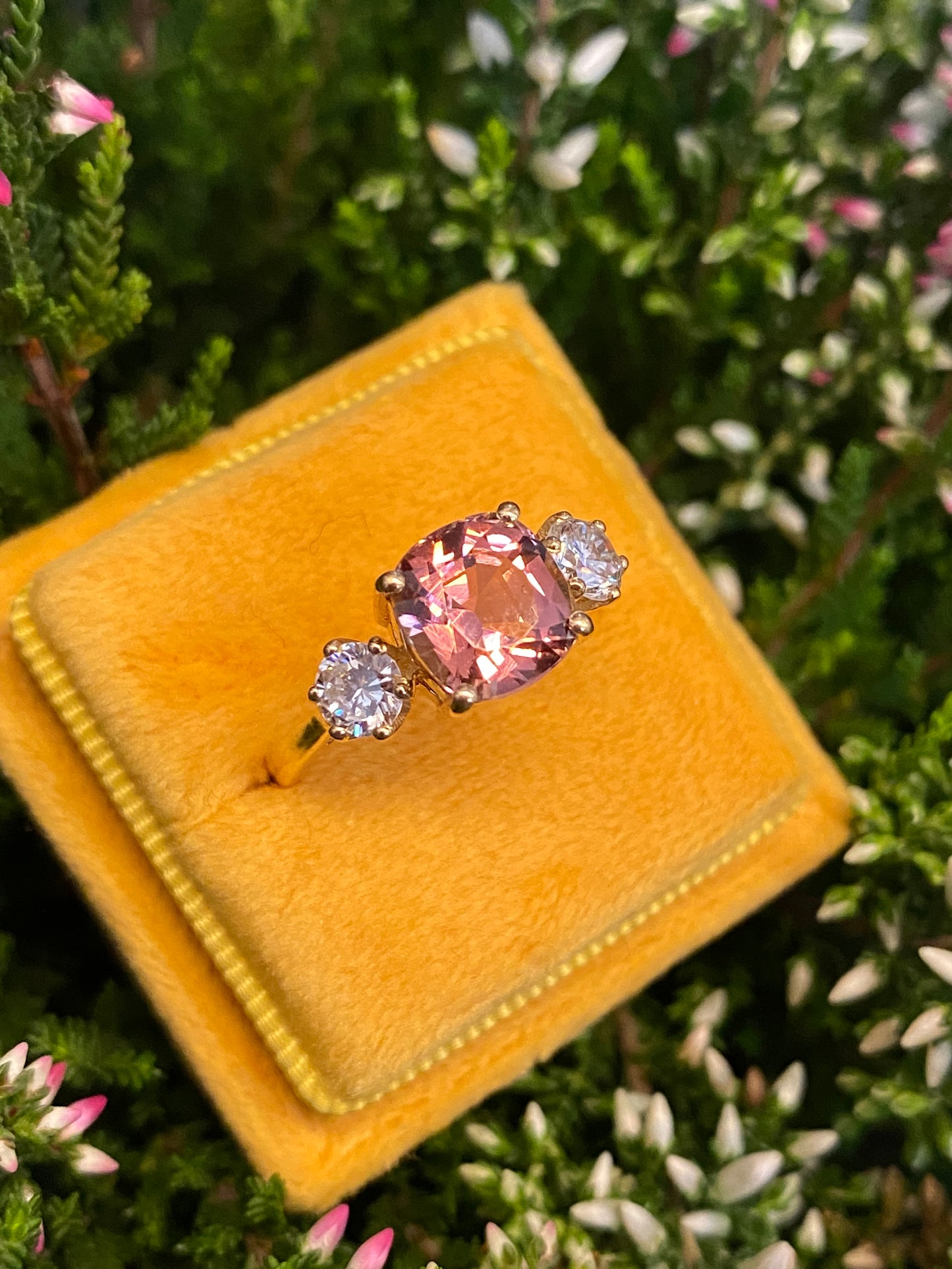 3.12ctw Pink Tourmaline and Natural Diamond Three Stone Ring in 18ct Yellow Gold