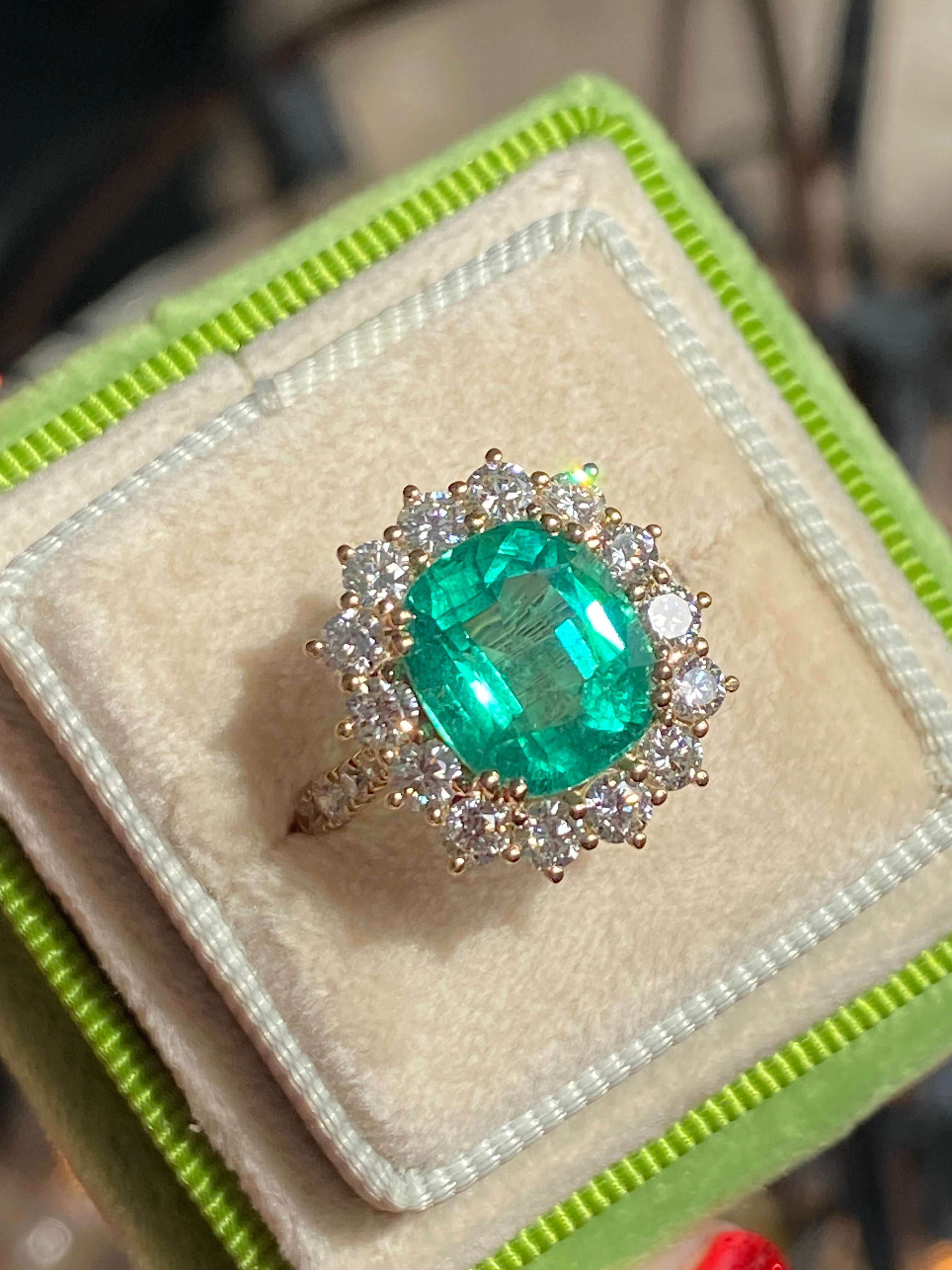 5.31 CTW Cushion Cut Emerald and Natural Diamond Halo Ring in 18ct Yellow Gold