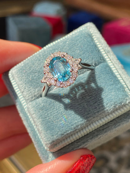 1.78 Carat Blue Zircon and Natural Diamond Halo Ring in Platinum