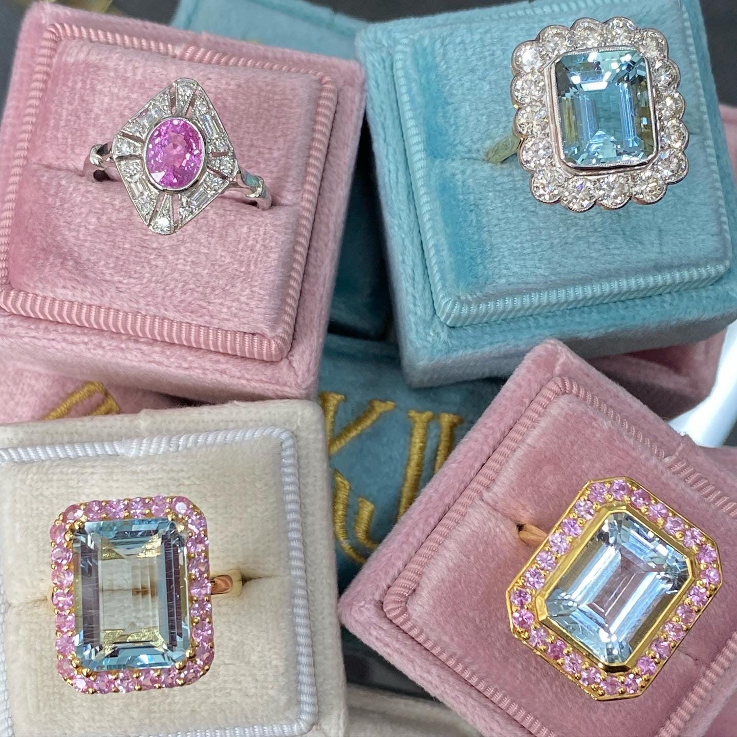 6.50 CTW Aquamarine and Pink Sapphire Halo Ring in 18ct Yellow Gold