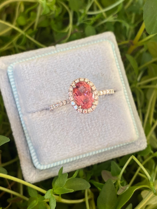 1.24 CTW Oval Cut Pink Sapphire and Natural Diamond Halo Engagement Ring in Platinum