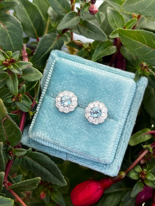 Aquamrine and Natural Diamond Halo Stud Earrings in 18ct White Gold