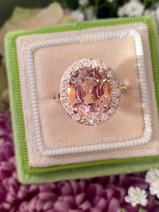 6.00 Carat Oval-Cut Pink Tourmaline and Diamond Halo Ring in 18ct Rose Gold