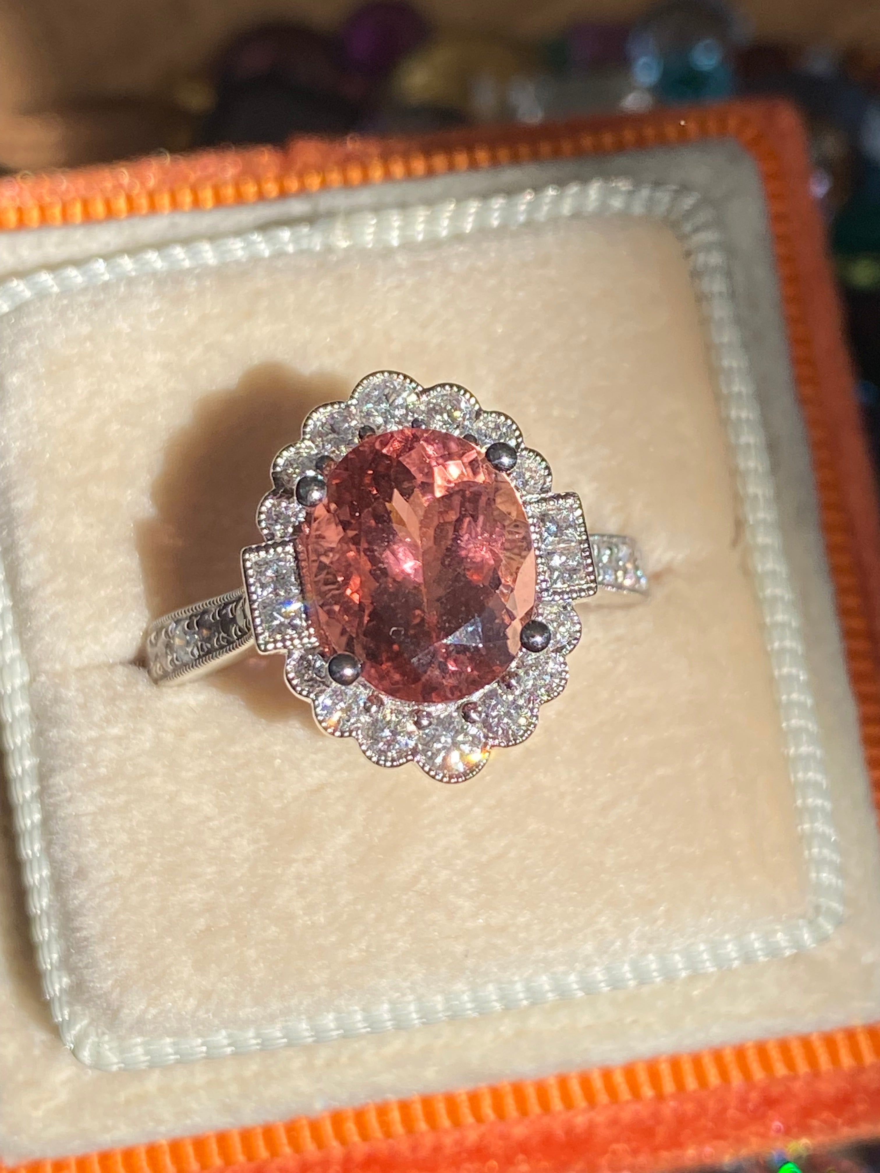 3.69 CTW Rose Tourmaline and Natural Diamond Halo Ring in Platinum