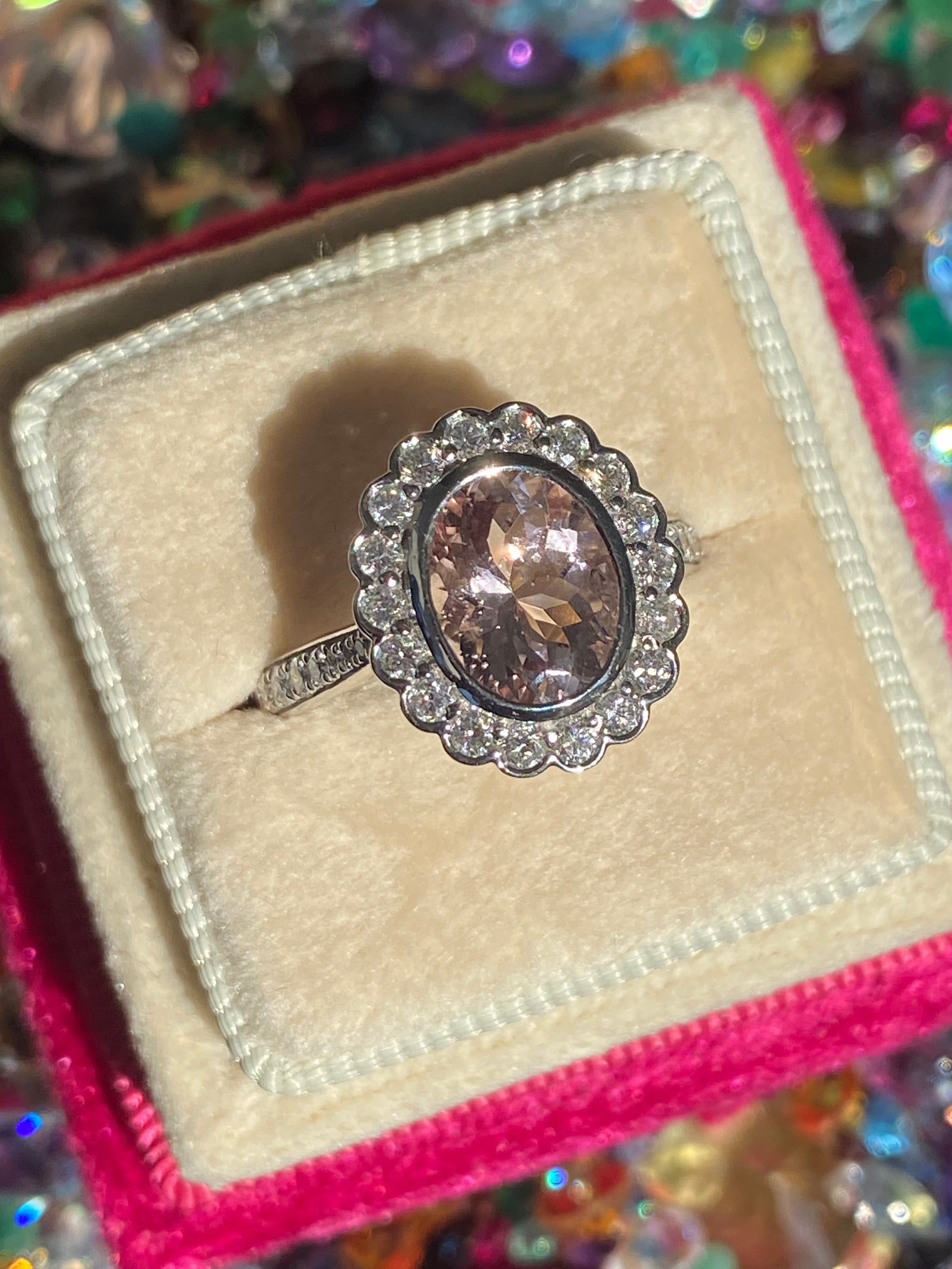 1.76 Carat Morganite and Natural Diamond Cluster Ring in Platinum