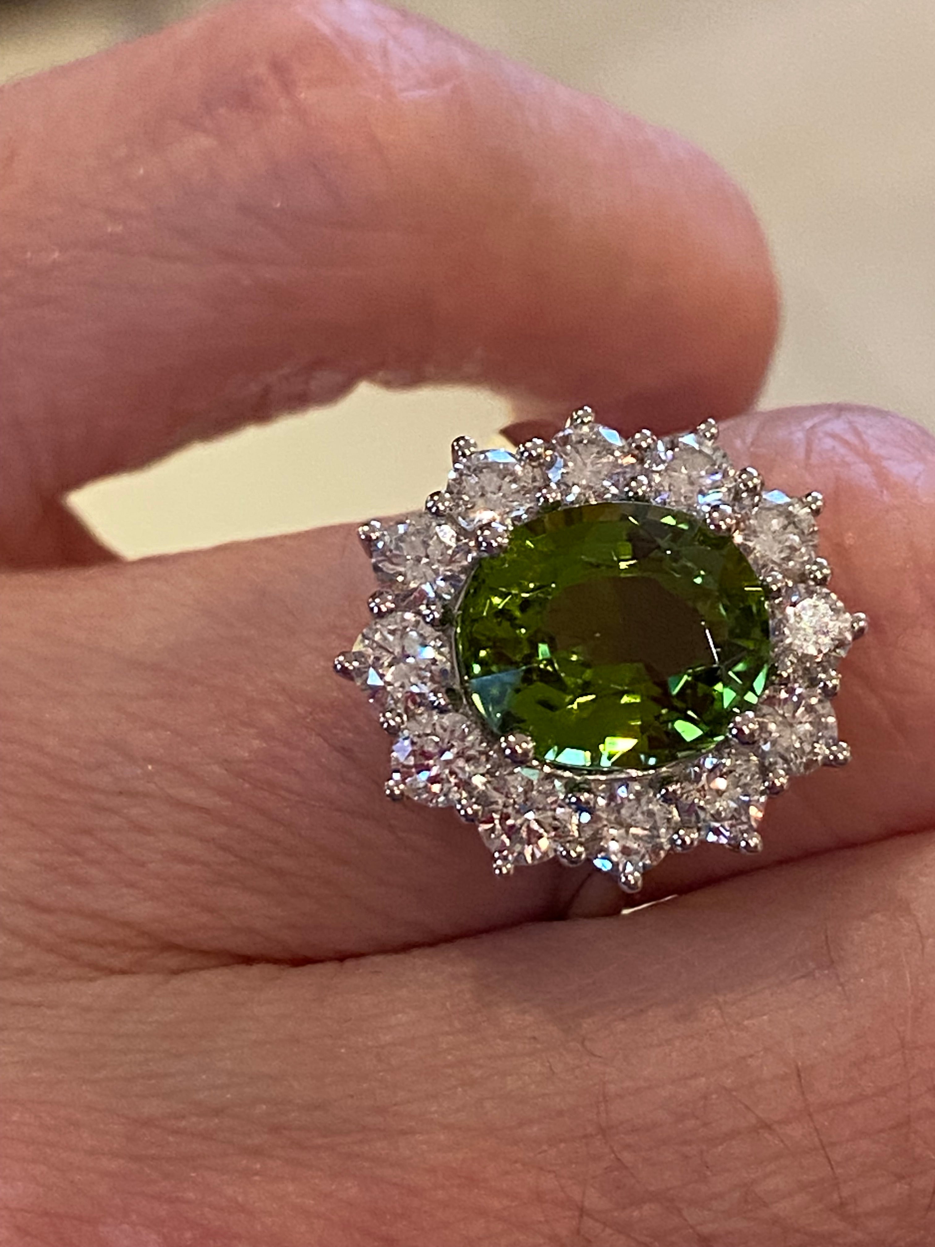 4.99 CTW Green Tourmaline and Natural Diamond Halo Ring in Platinum