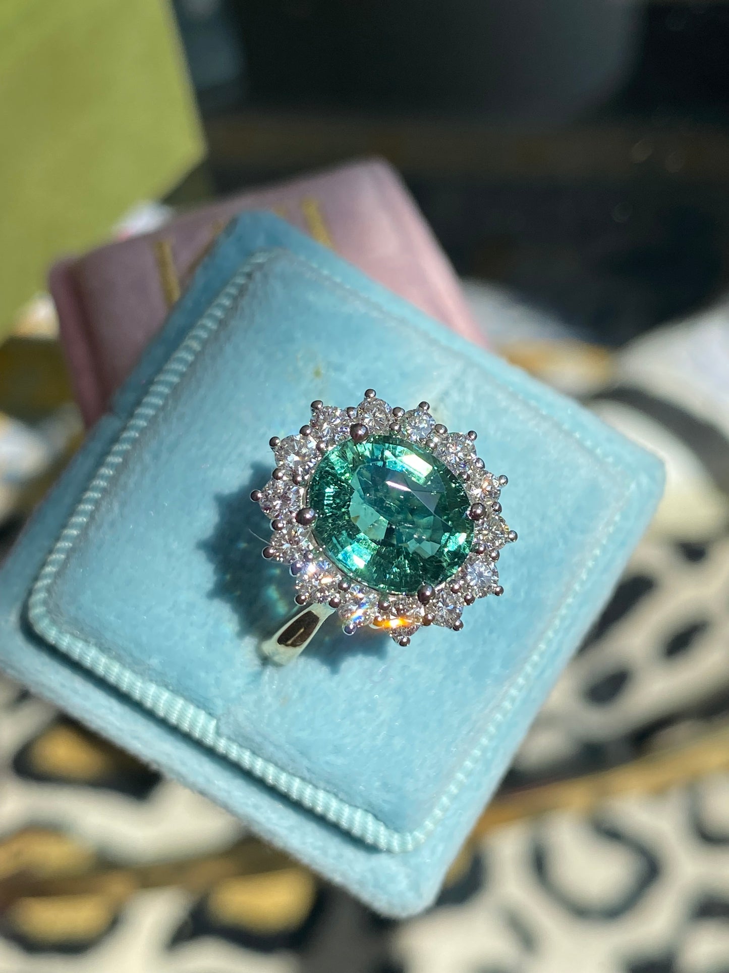 3.06 Carat Blue Tourmaline and Natural Diamond Halo Ring in Platinum and 18ct Yellow Gold